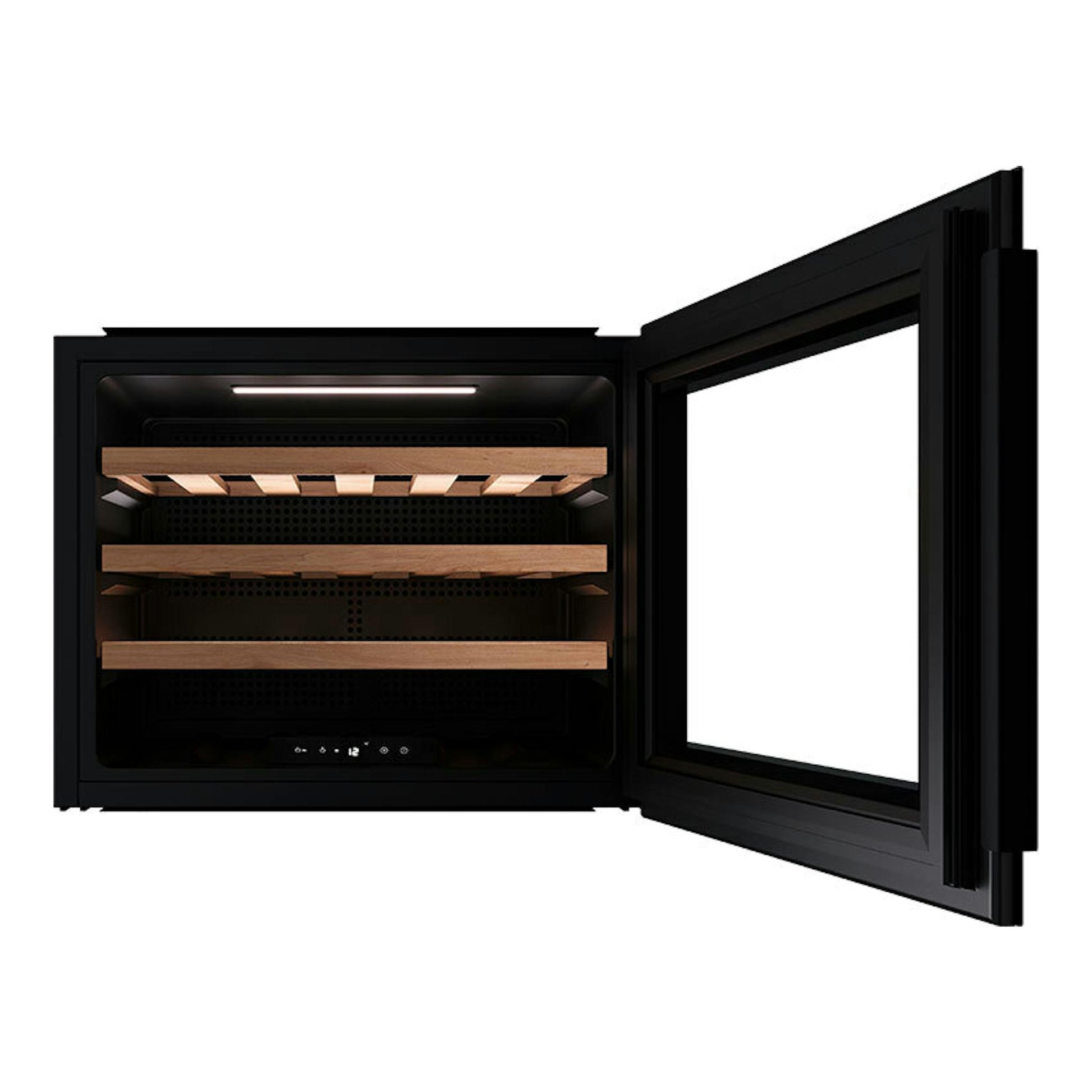 Vinoteca integrable Teka RVI10024 negra, vista frontal con puerta abierta y baldas de madera.