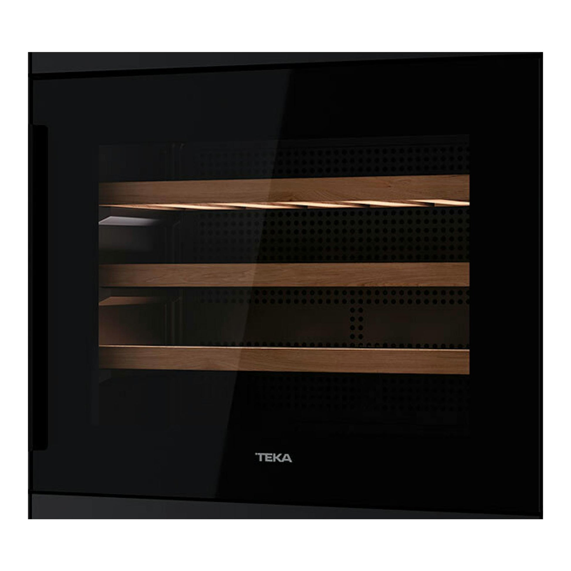 Vinoteca integrable Teka RVI10024 negra, vista frontal, con puerta de cristal y baldas de madera.