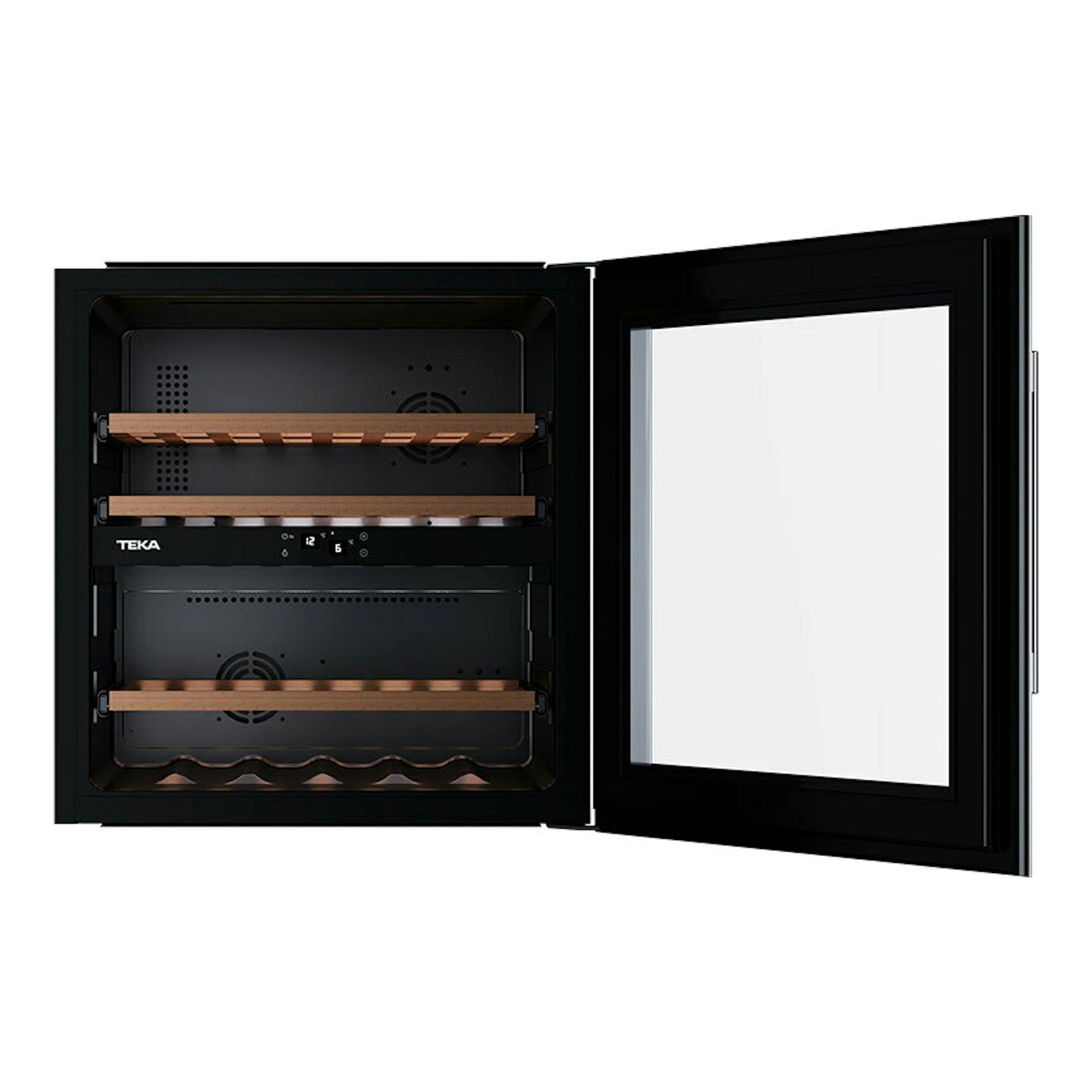 Vinoteca integrable Teka RVI20041 negra, vista frontal abierta, con estantes de madera y puerta de cristal.