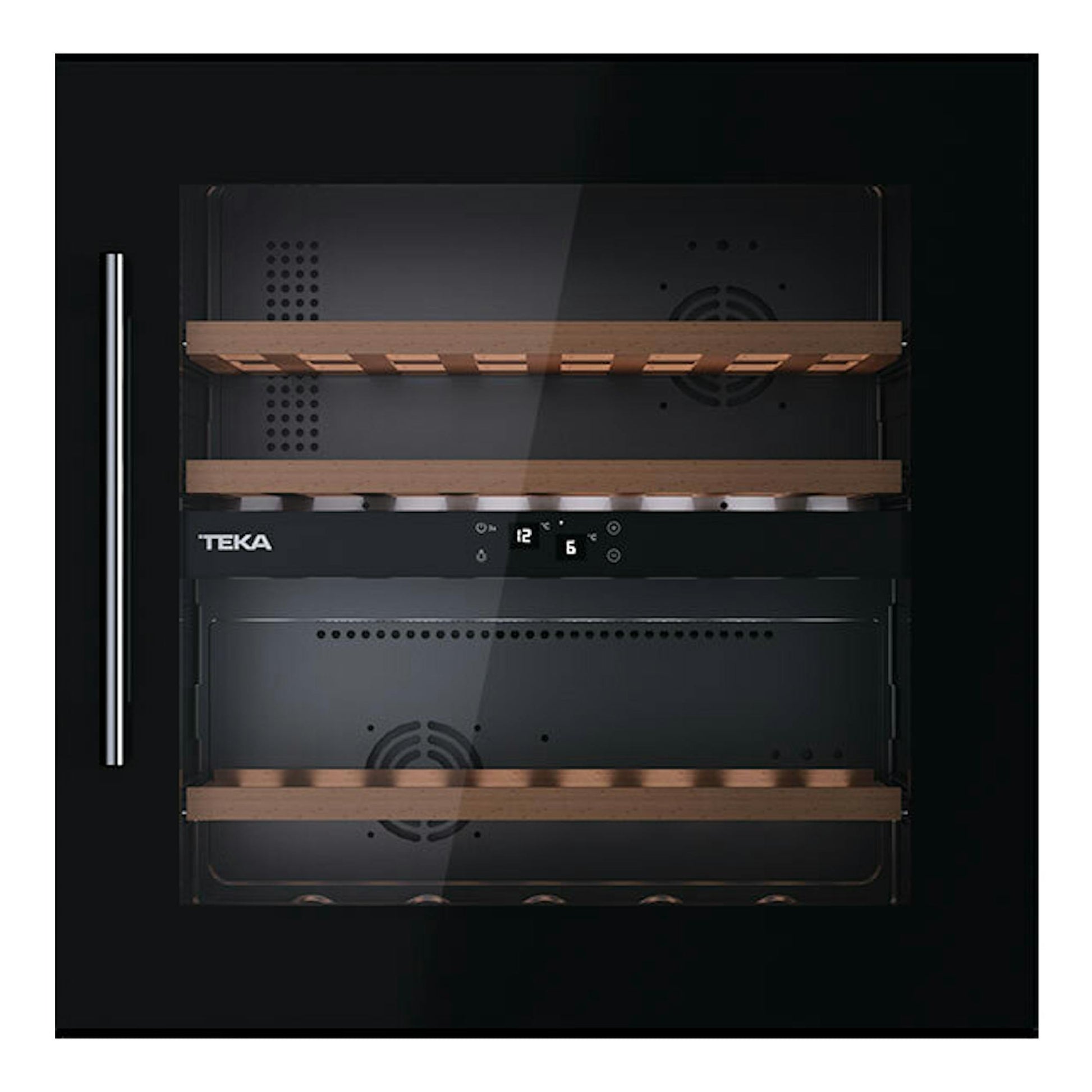 Vinoteca integrable Teka negra, vista frontal, con estantes de madera y display digital.