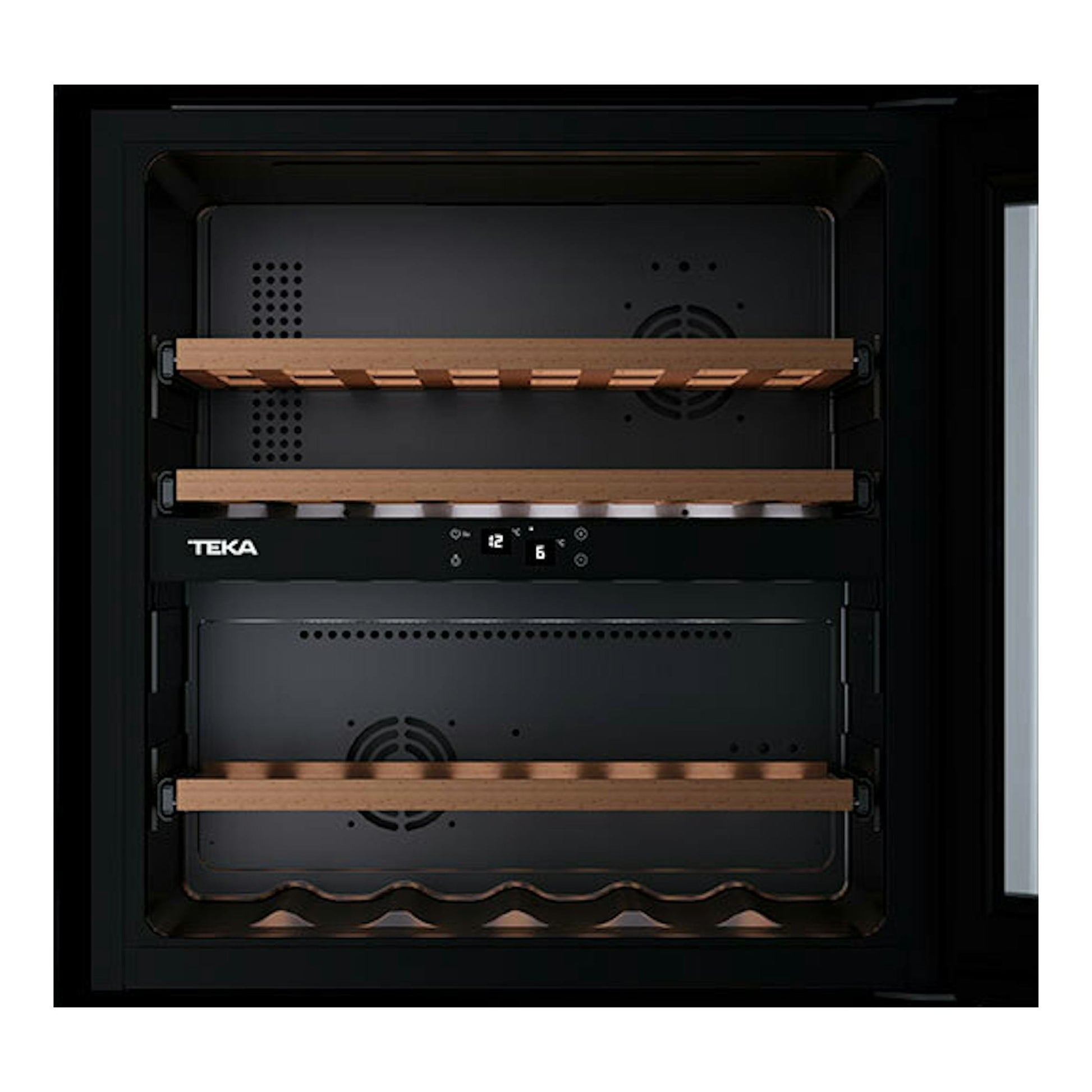 Vinoteca integrable Teka RVI20041 negra, vista frontal con puerta abierta y baldas de madera.