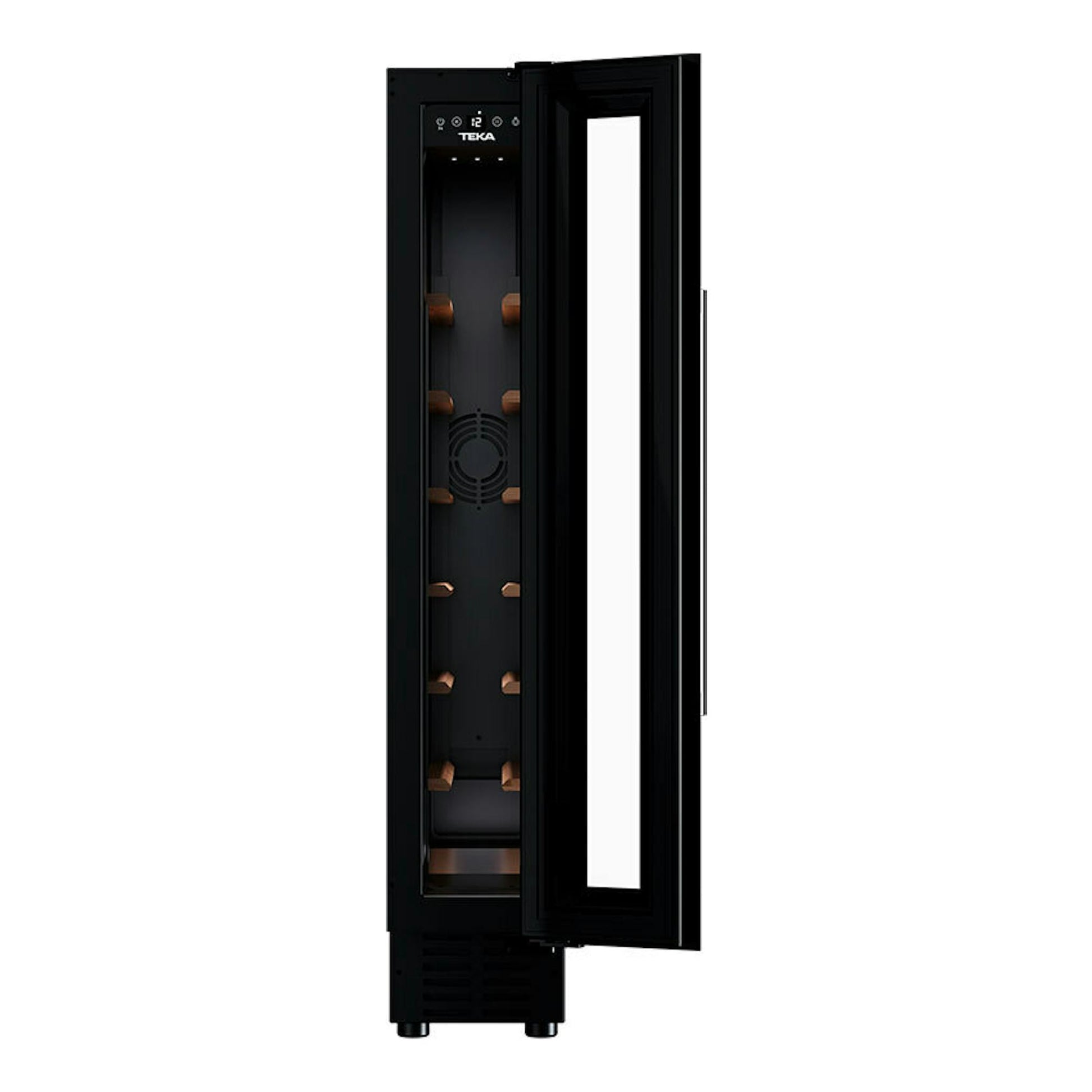 Vinoteca integrable Teka RVU10008 negra, vista frontal con la puerta abierta.