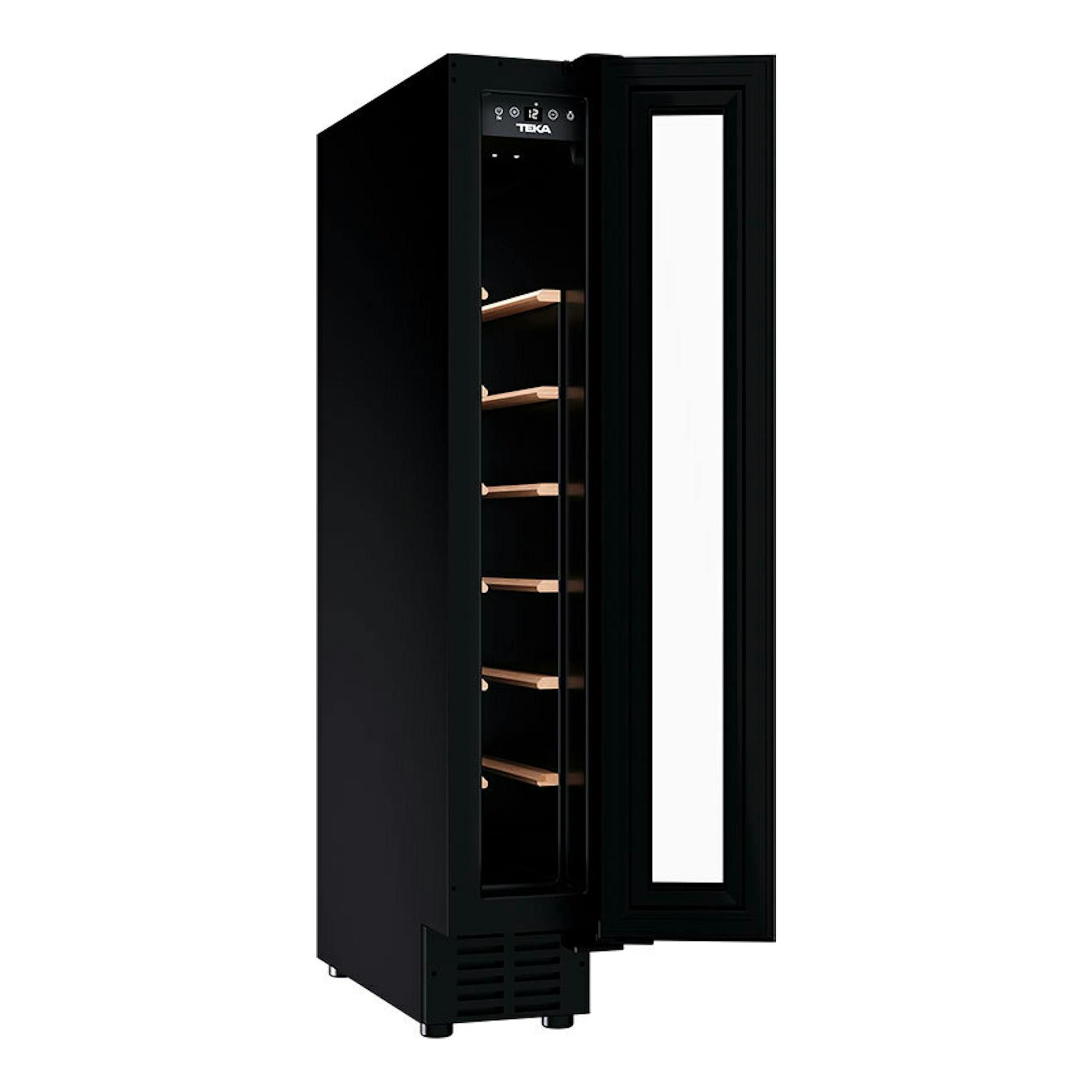 Vinoteca integrable Teka RVU10008 negra, vista frontal con la puerta abierta y baldas interiores de madera.