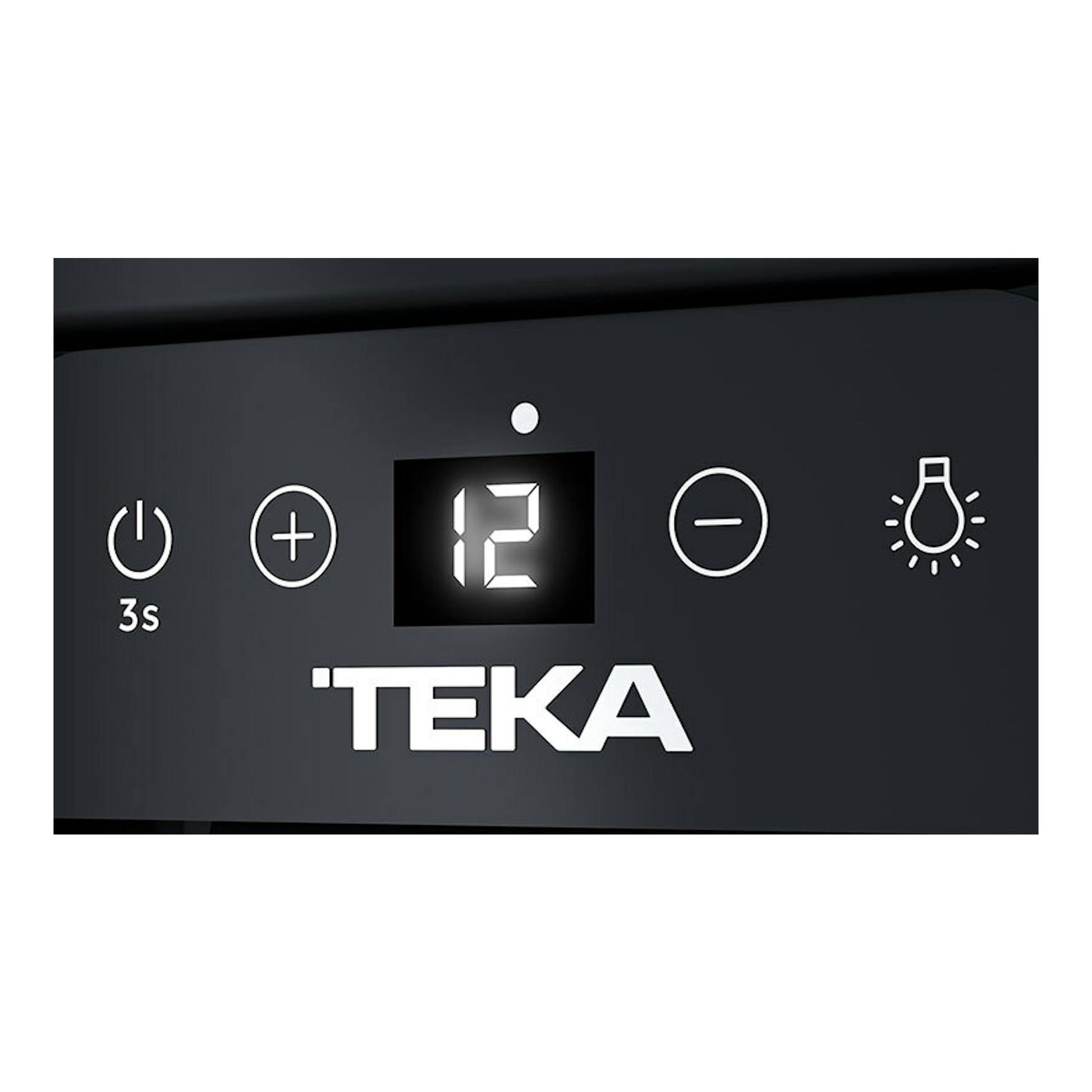 Primer plano del panel táctil negro de la vinoteca Teka RVU10008, con display 12 e iconos de control.