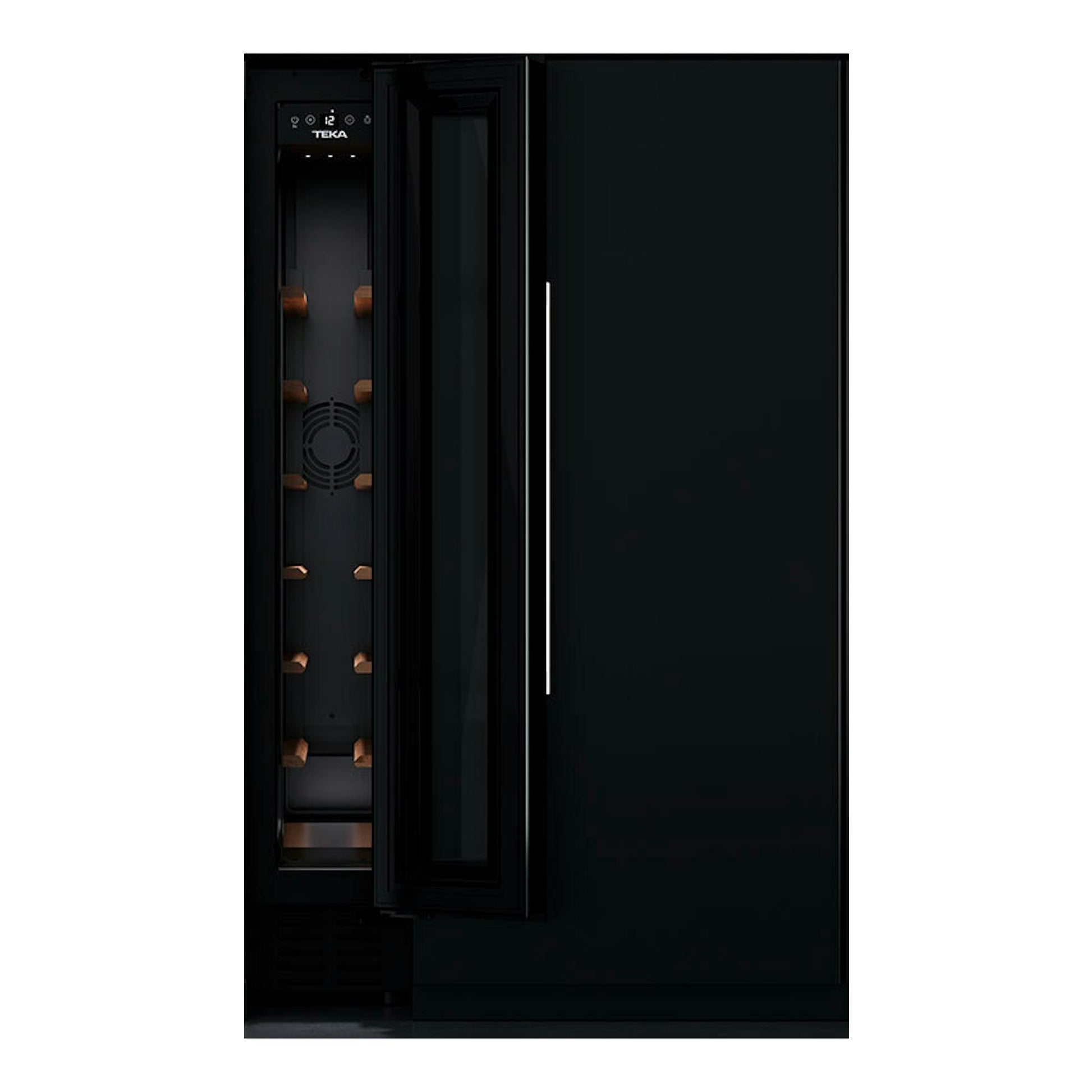 Vinoteca integrable Teka RVU10008 negra, vista frontal con puerta de vidrio abierta y baldas para botellas.