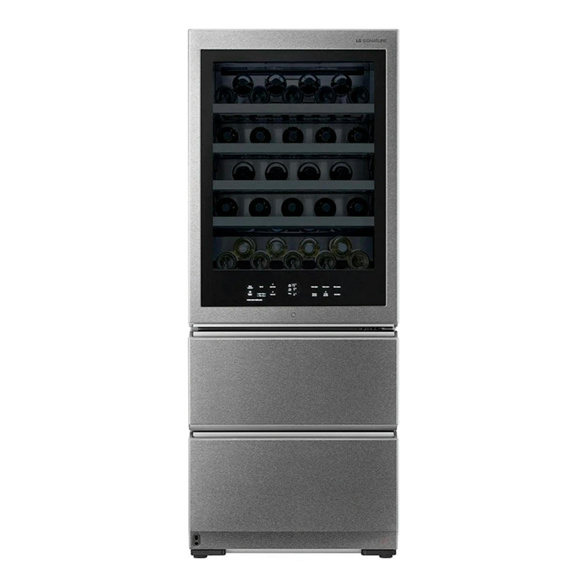 Vinoteca LG LSR200W gris, vista frontal, con puerta de cristal y dos cajones inferiores.