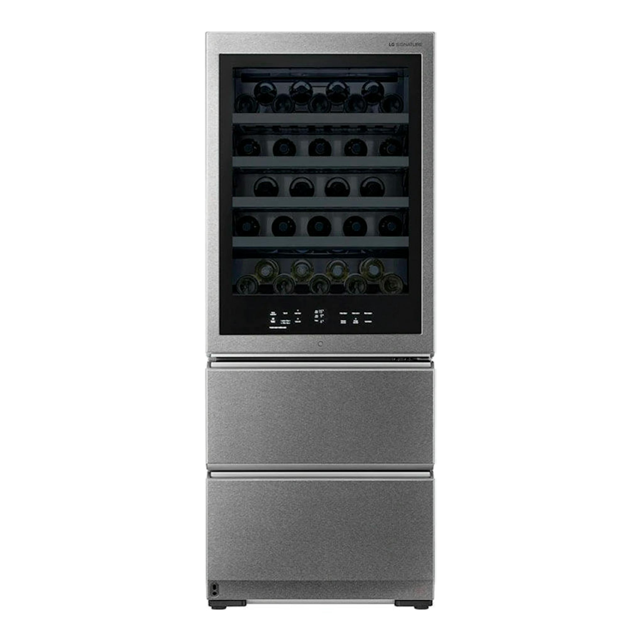Vinoteca LG LSR200W gris, vista frontal, con puerta de cristal y dos cajones inferiores.
