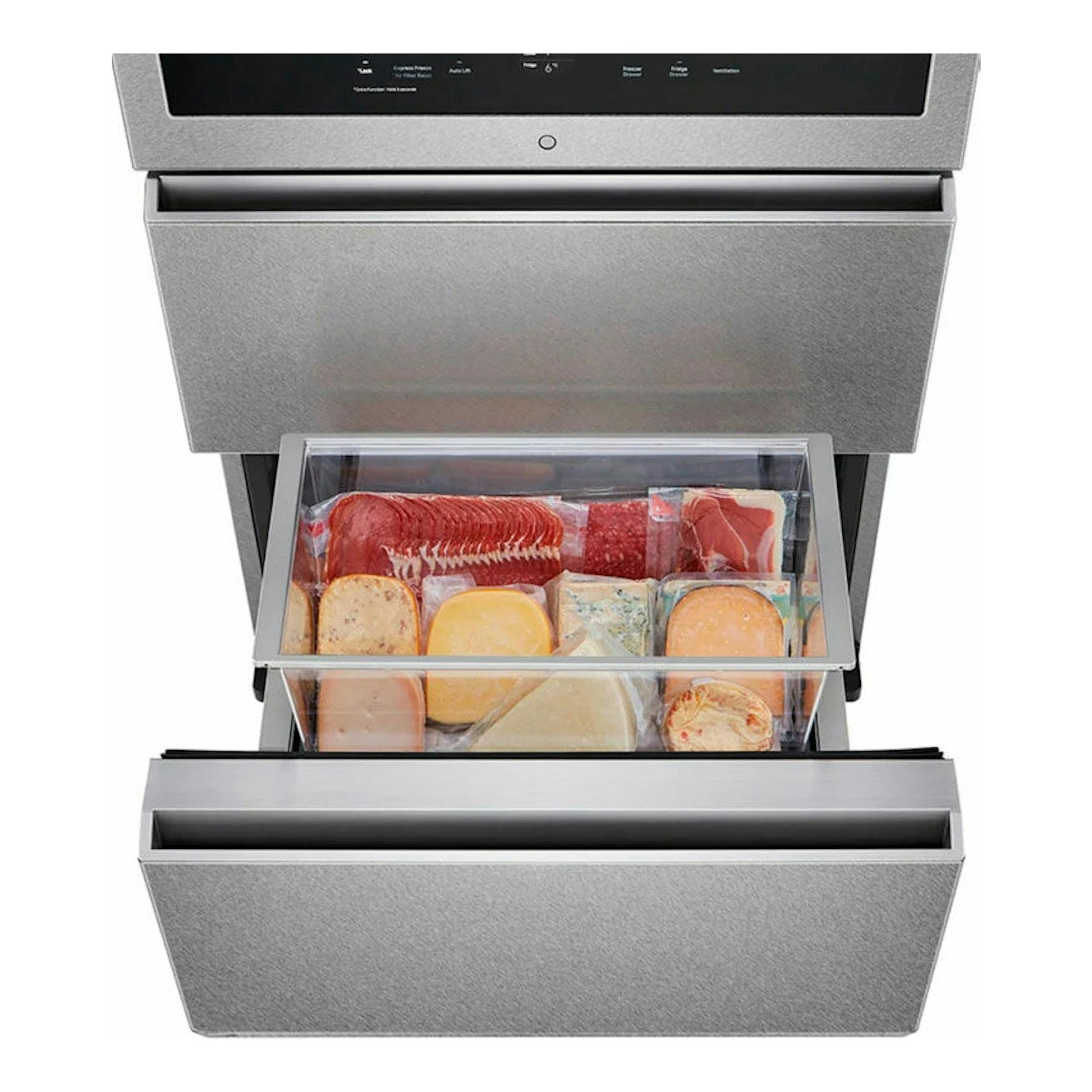 Vinoteca LG LSR200W gris, vista frontal con cajones abiertos y compartimento transparente.