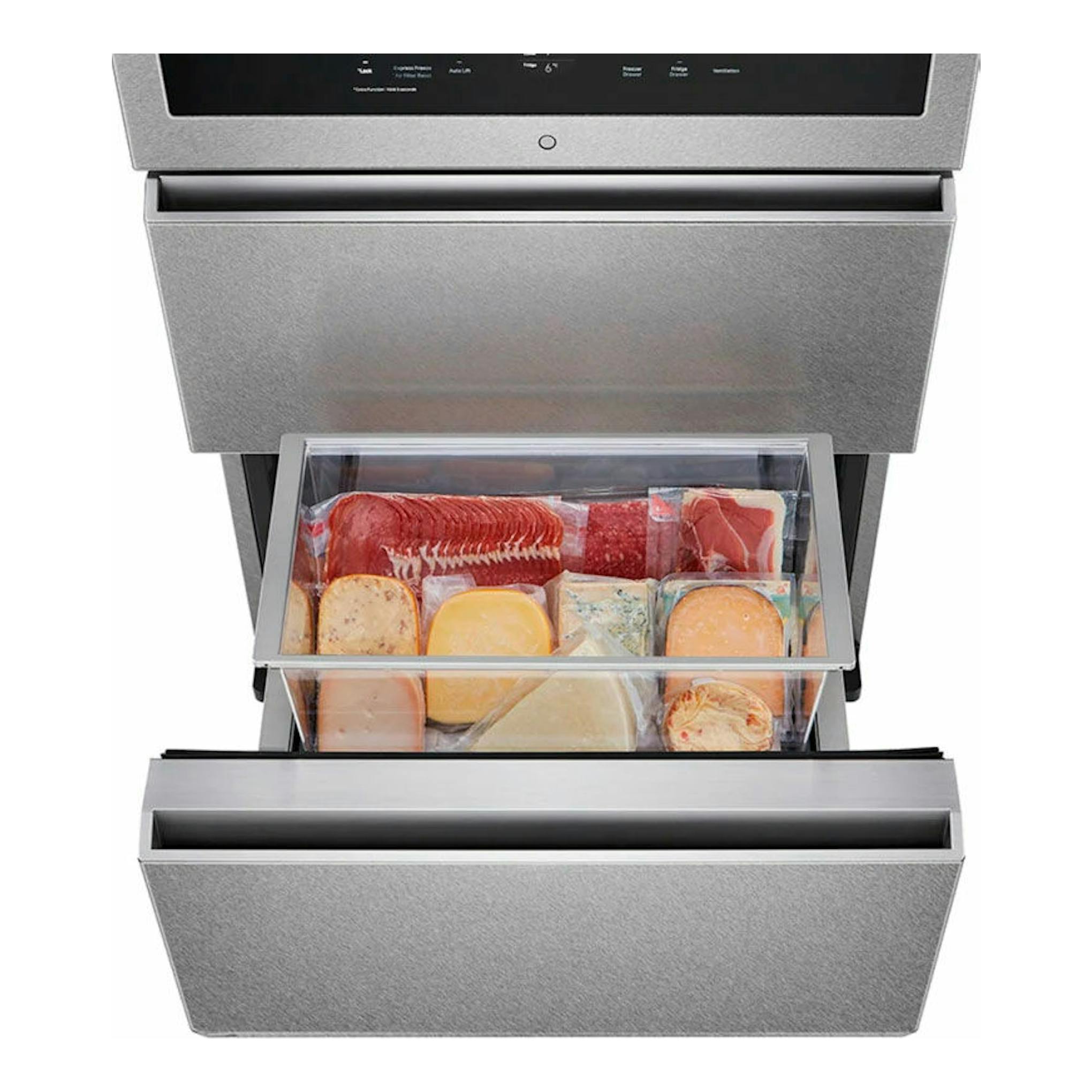 Vinoteca LG LSR200W gris, vista frontal con cajones abiertos y compartimento transparente.