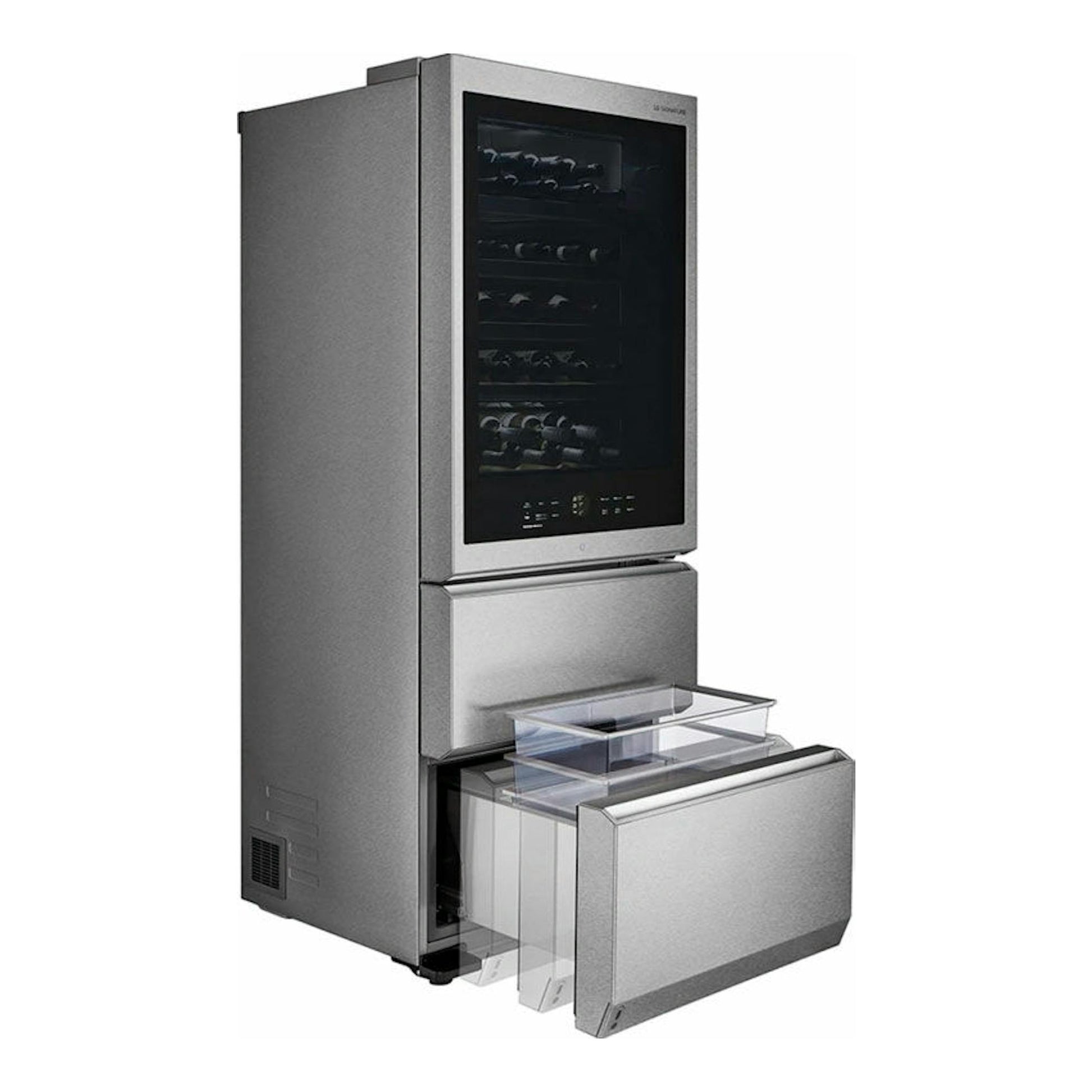 Vinoteca LG LSR200W gris, vista frontal en tres cuartos, con puerta de vidrio y cajón inferior abierto.