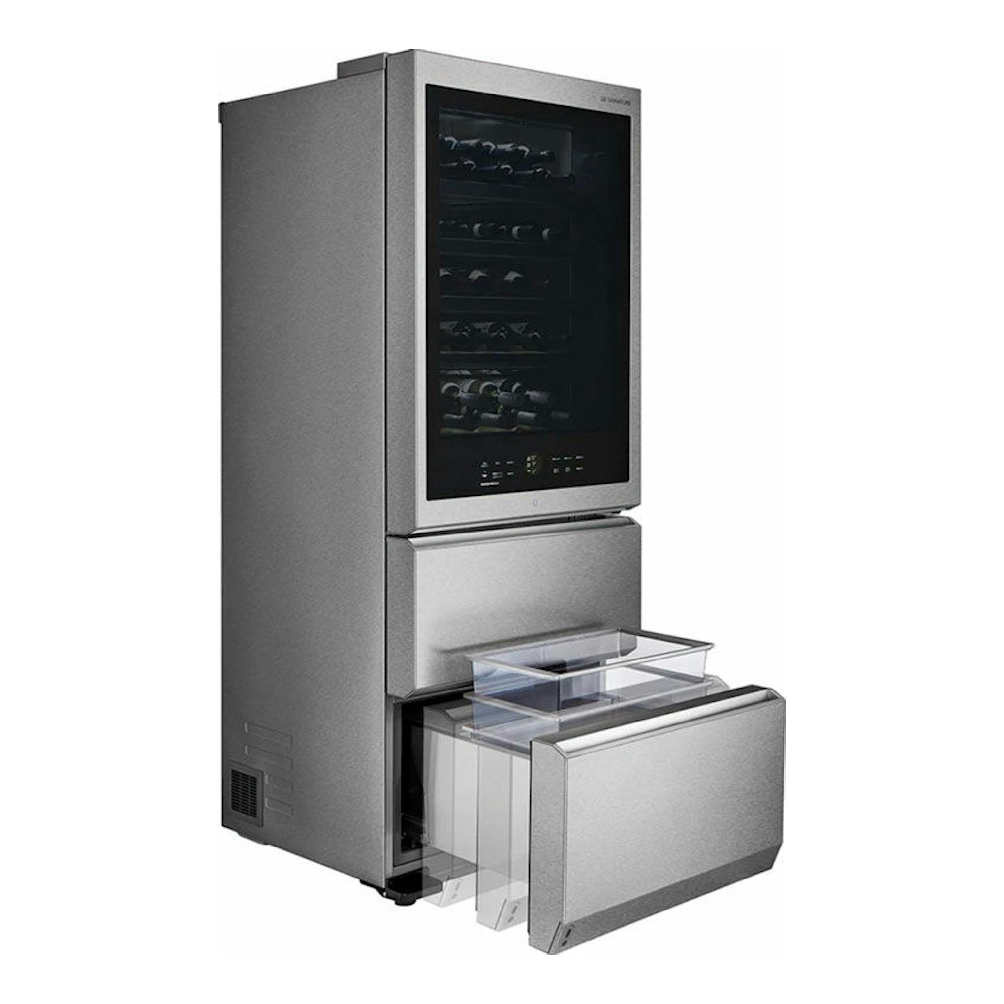 Vinoteca LG LSR200W gris, vista frontal en tres cuartos, con puerta de vidrio y cajón inferior abierto.