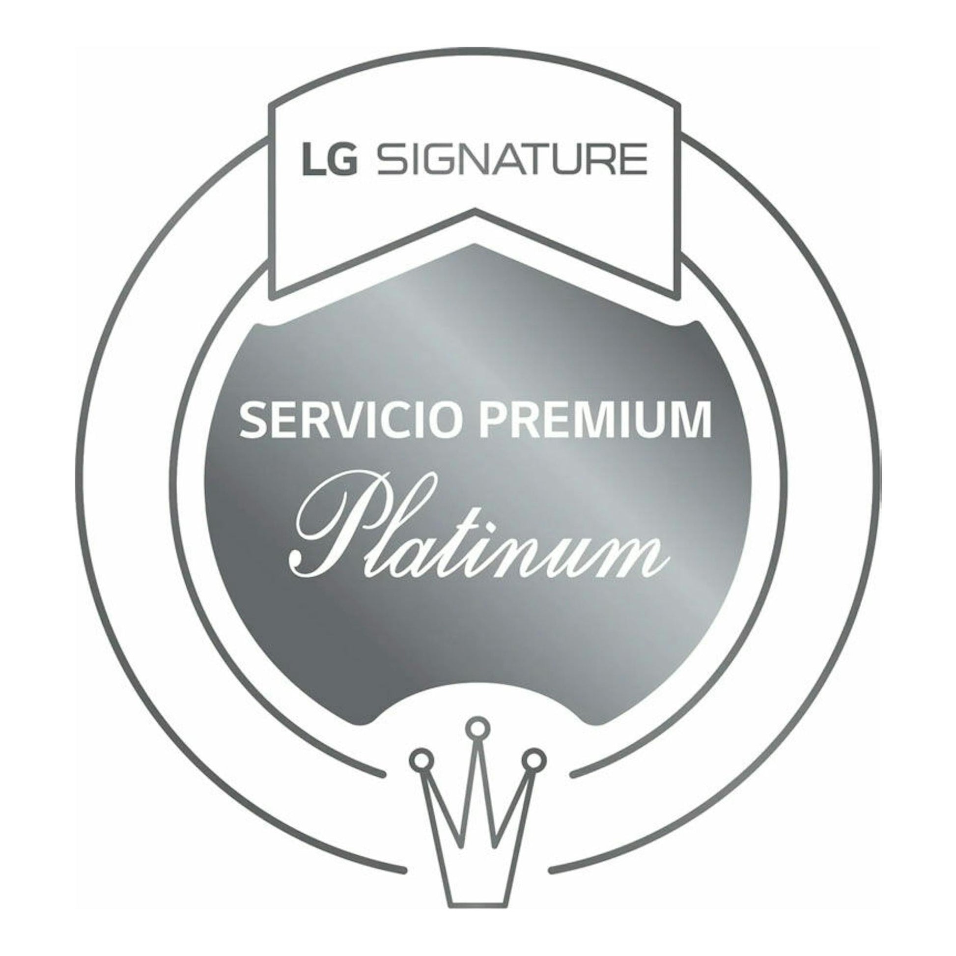 Sello circular gris de LG Signature con texto “Servicio Premium Platinum”.