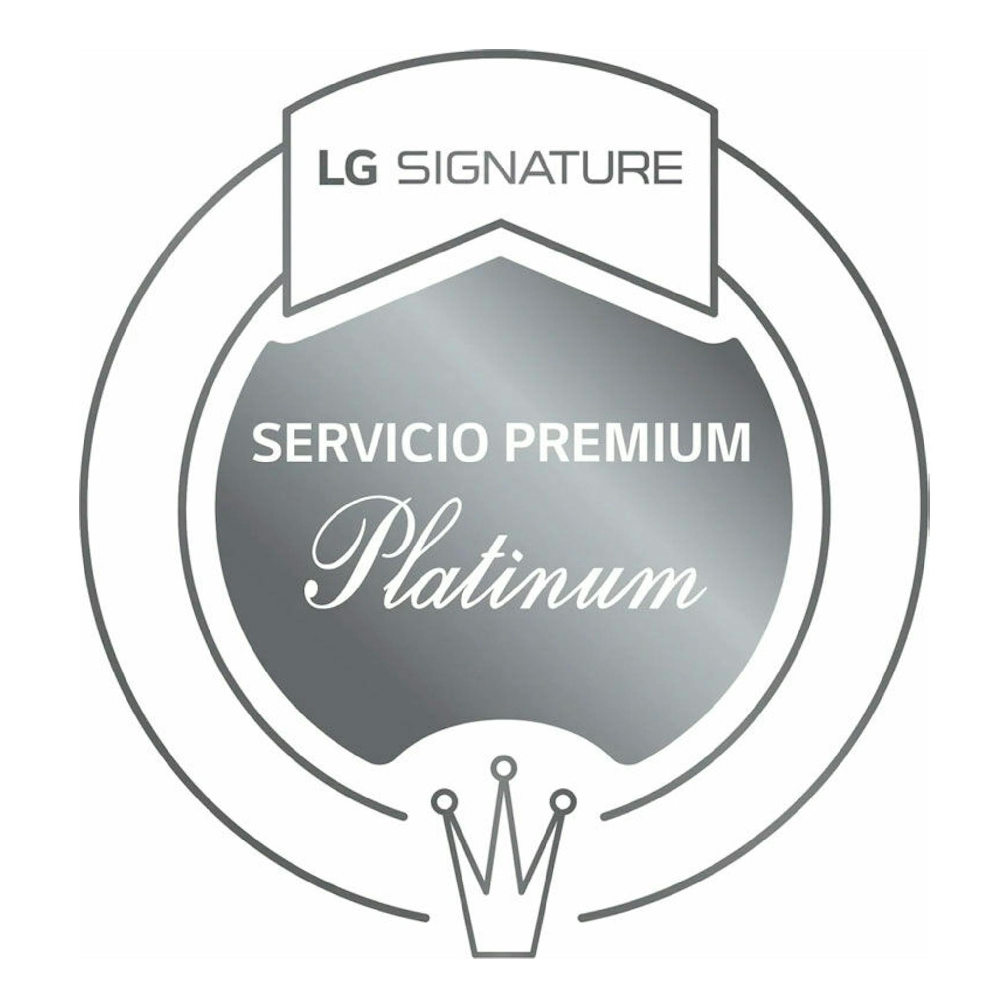 Sello circular gris de LG Signature con texto “Servicio Premium Platinum”.
