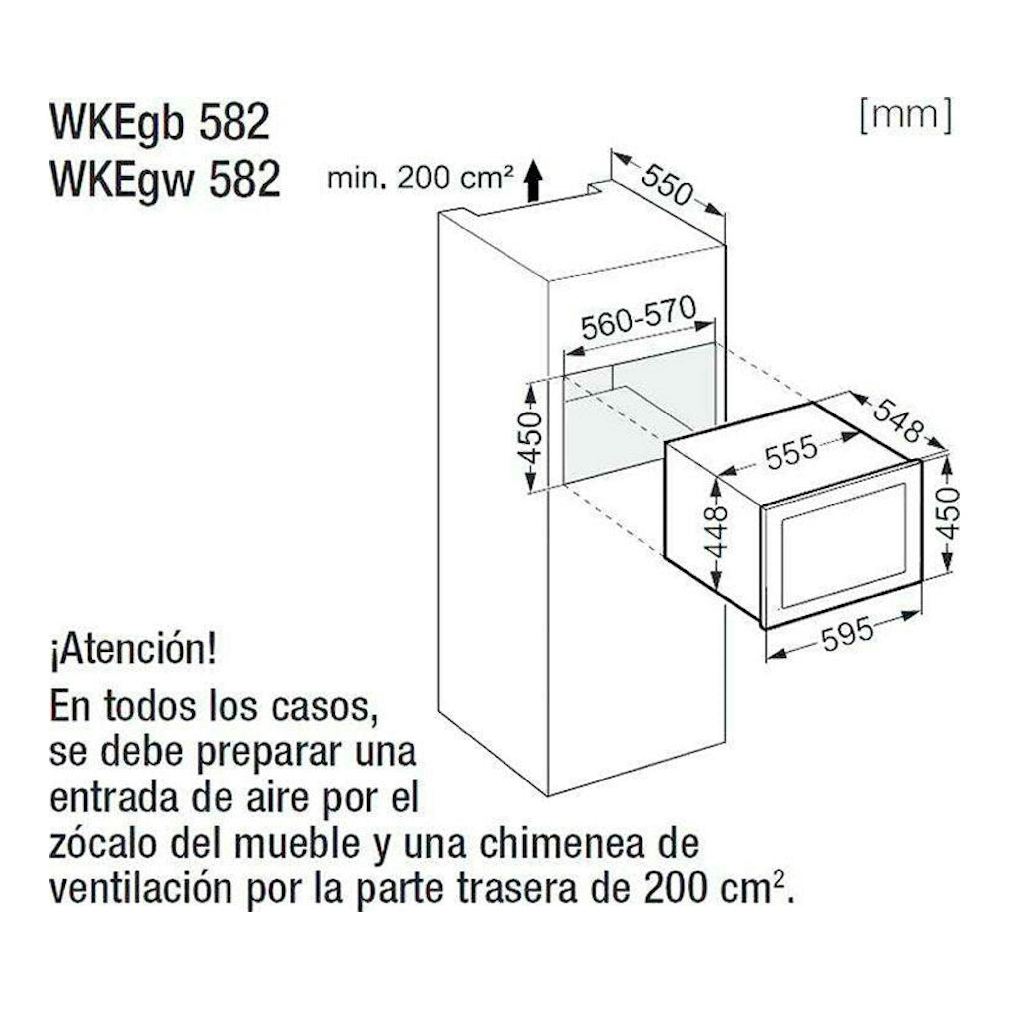 Diagrama de instalación de vinoteca Liebherr WKEgb 582/WKEgw 582, vista frontal y lateral con medidas en mm.