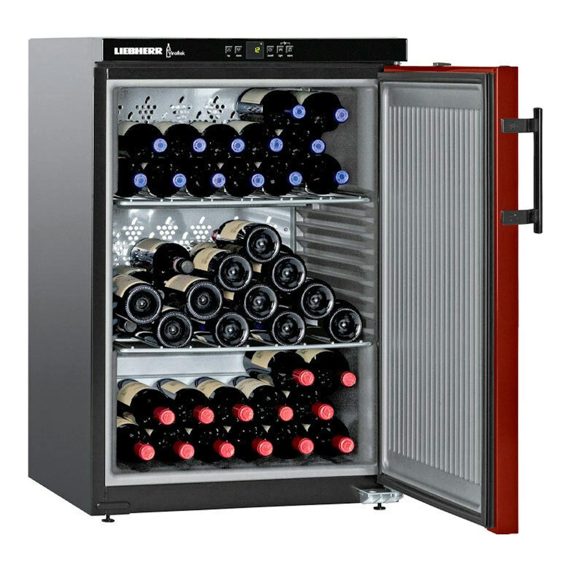 Vinoteca Liebherr WKr 1811, vista frontal abierta, negra con borde rojo y botellas en tres estantes.