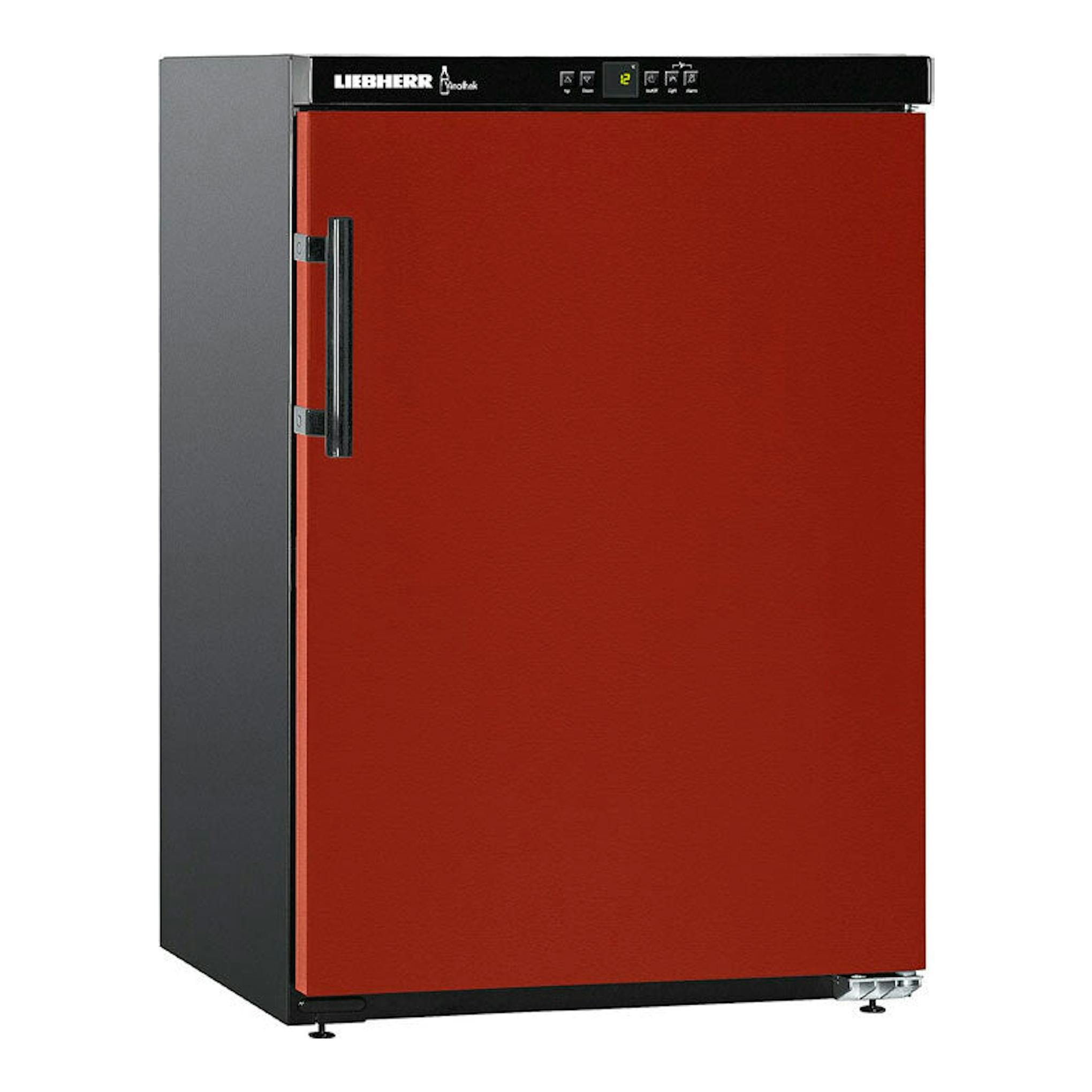 Vinoteca Liebherr WKr 1811, vista frontal, puerta burdeos y laterales negros.
