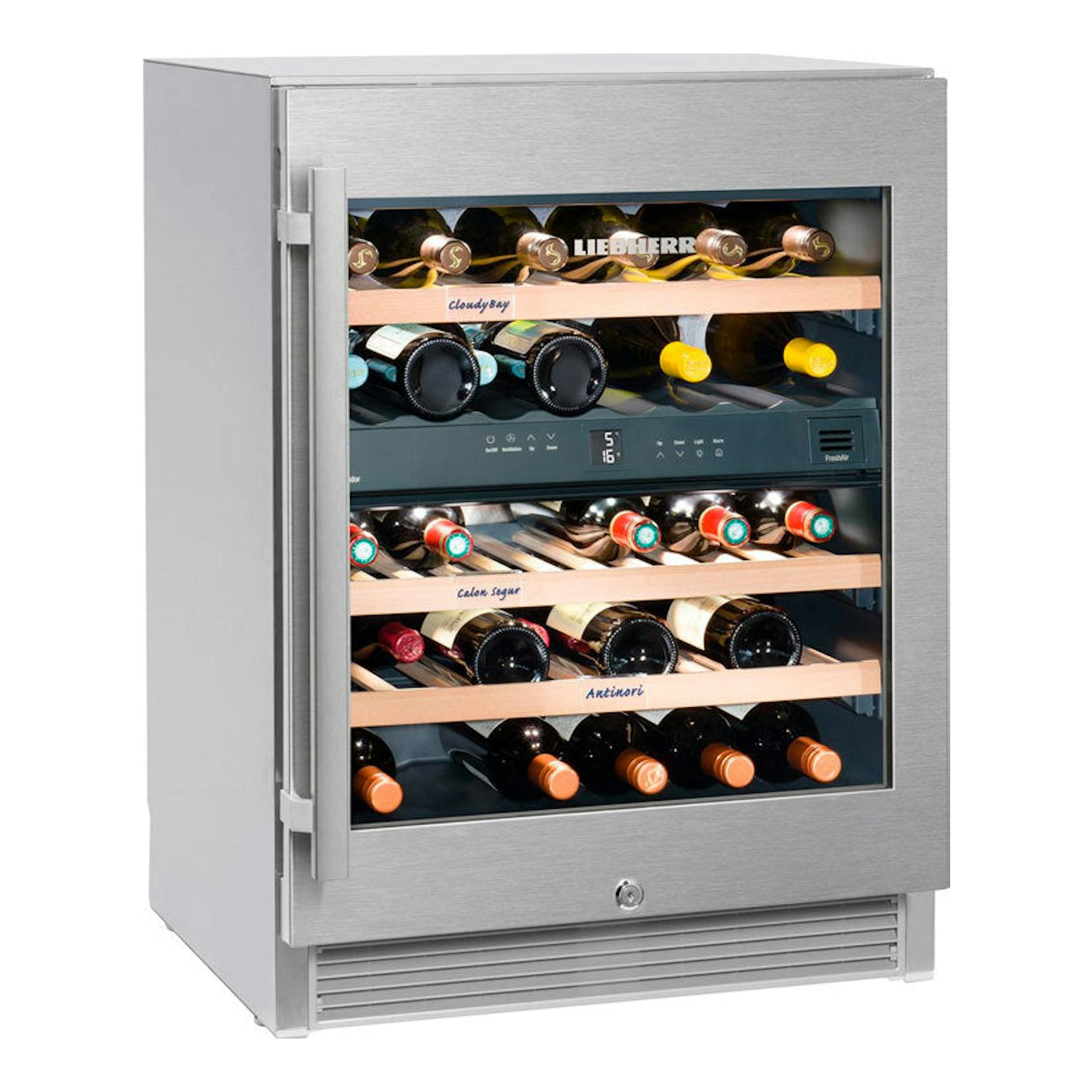 Vinoteca Liebherr WTes 1672 Inox, vista frontal, puerta de vidrio y botellas en estantes de madera.