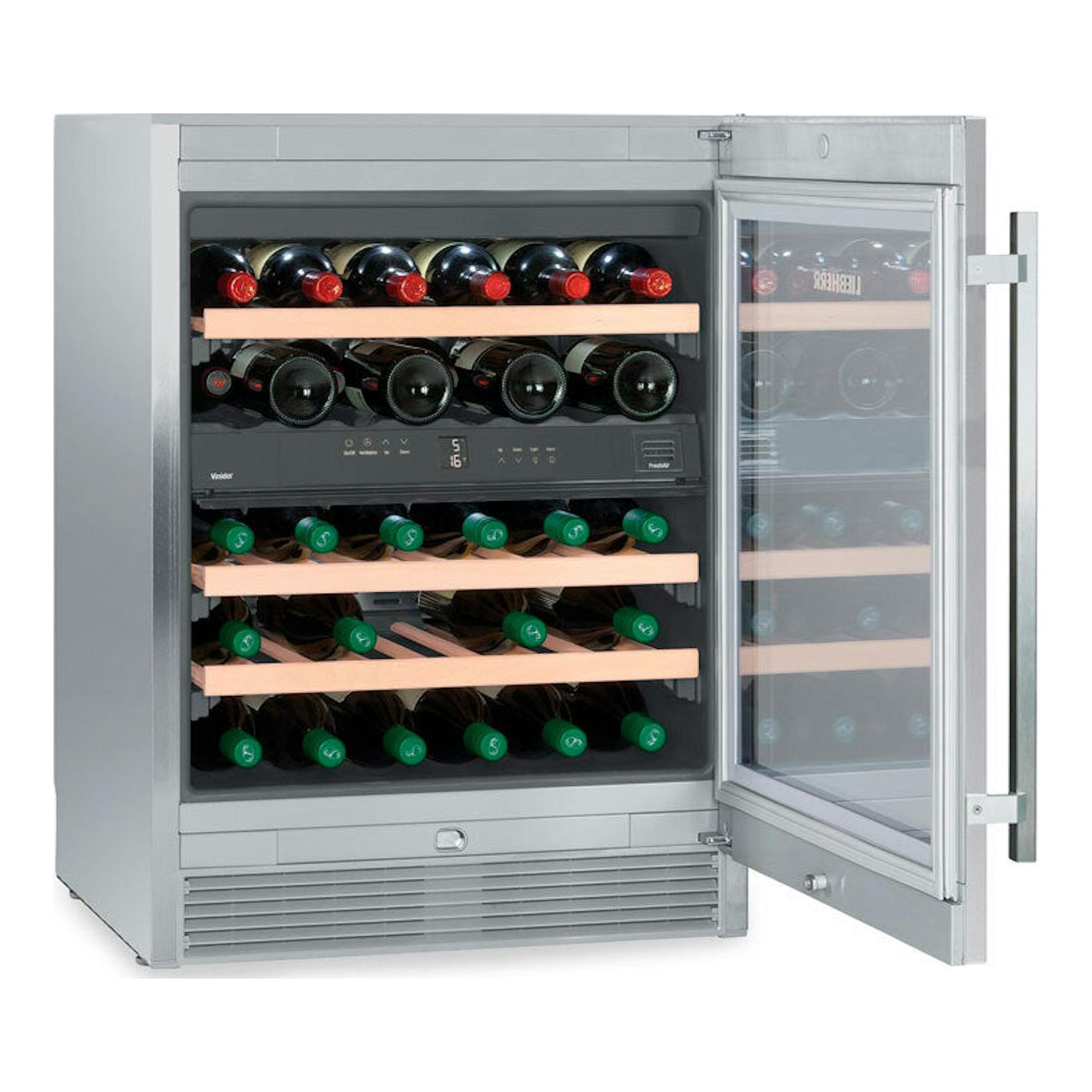 Vinoteca Liebherr WTes 1672 inox, vista frontal con puerta abierta y botellas en estantes de madera.