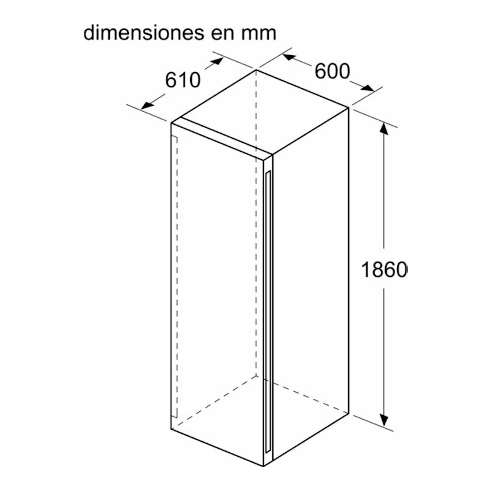 Vinoteca Siemens KW36KATGA negra, dibujo técnico en perspectiva con dimensiones 610 x 600 x 1860 mm.