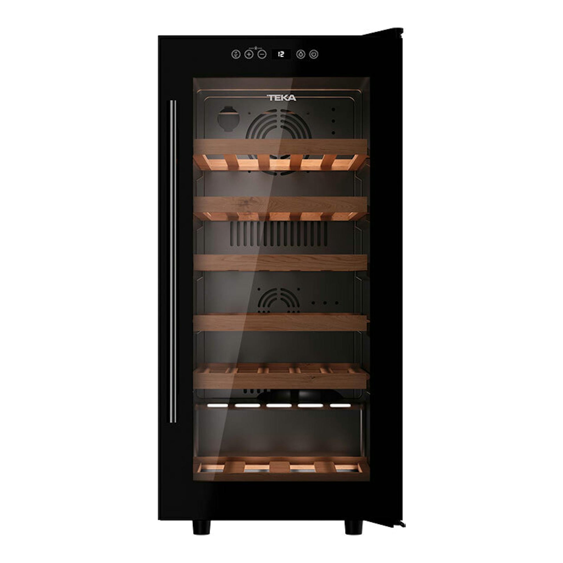 Vinoteca Teka RVF10032 negra, vista frontal, con puerta de vidrio y baldas de madera.
