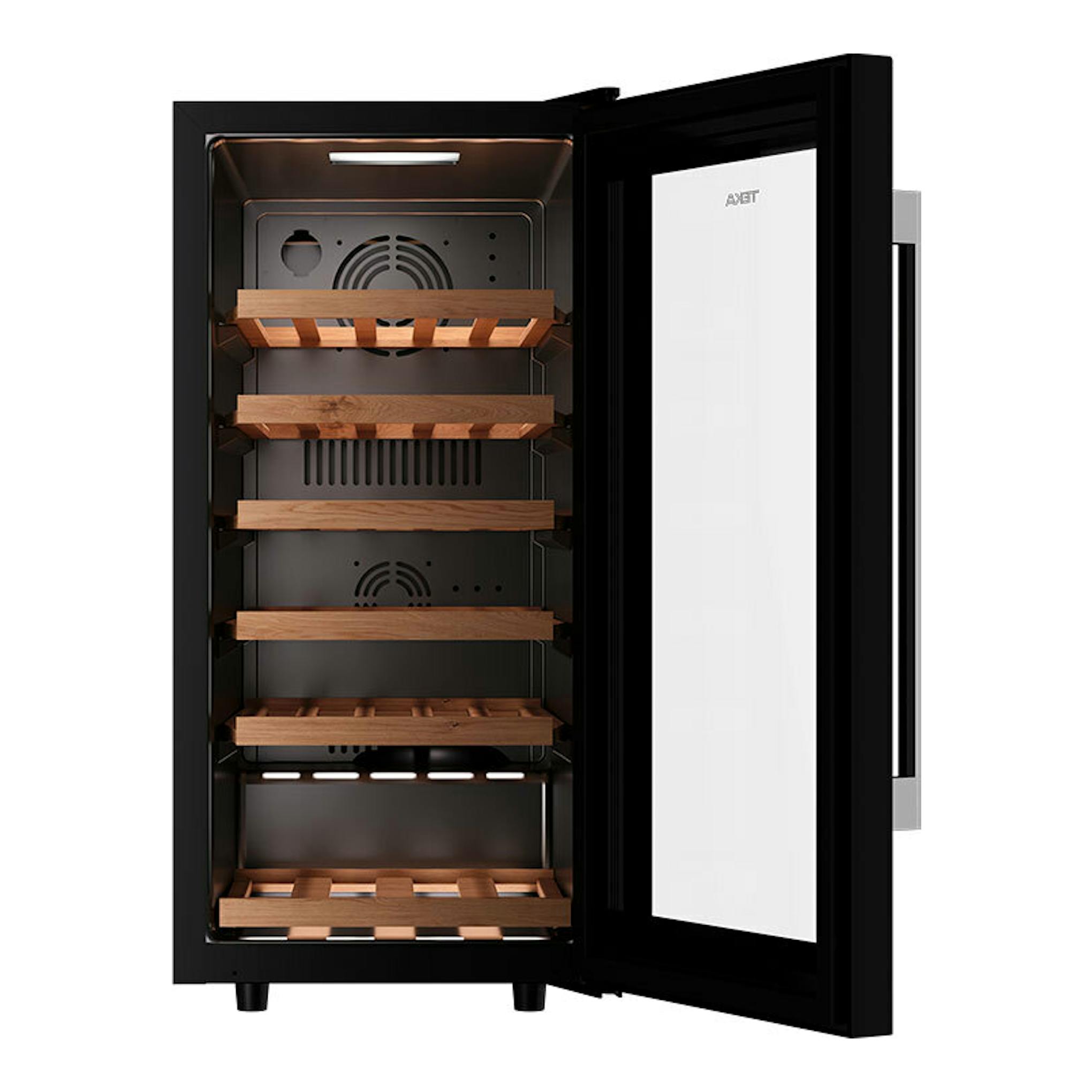 Vinoteca Teka RVF10032 negra, vista frontal con puerta abierta y baldas de madera.
