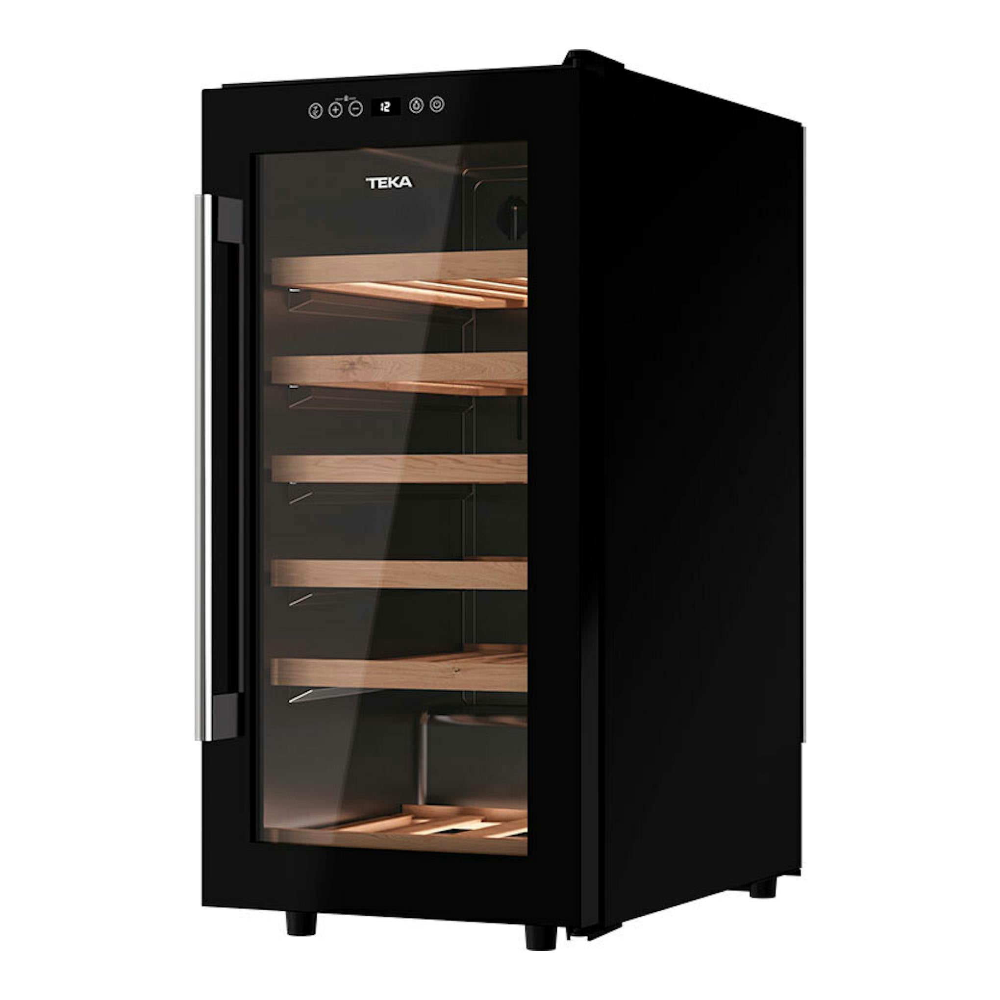 Vinoteca Teka RVF10032 negra, vista frontal en ángulo, con puerta de cristal y estantes de madera.