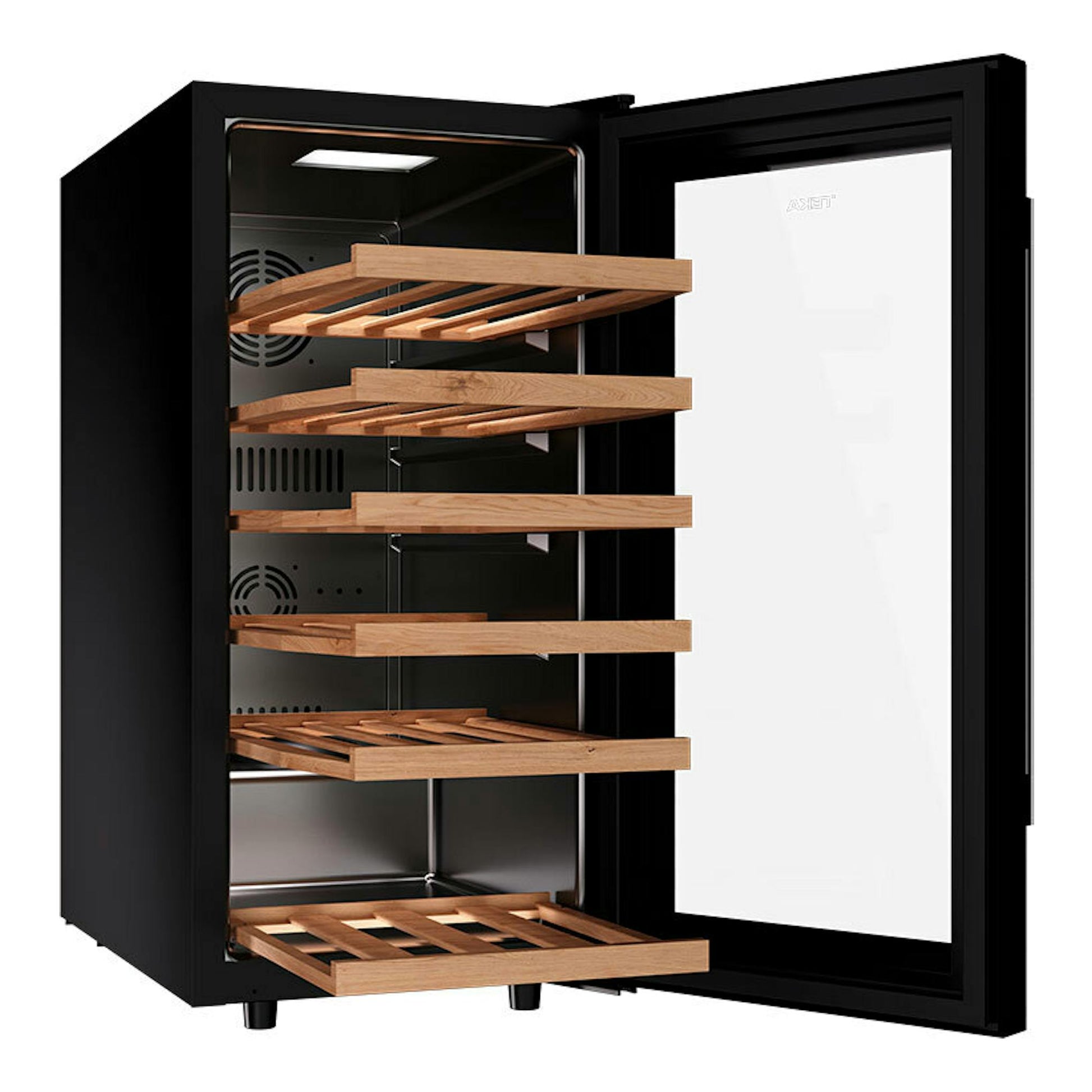 Vinoteca Teka RVF10032 negra, vista frontal en ángulo, puerta abierta con baldas de madera.