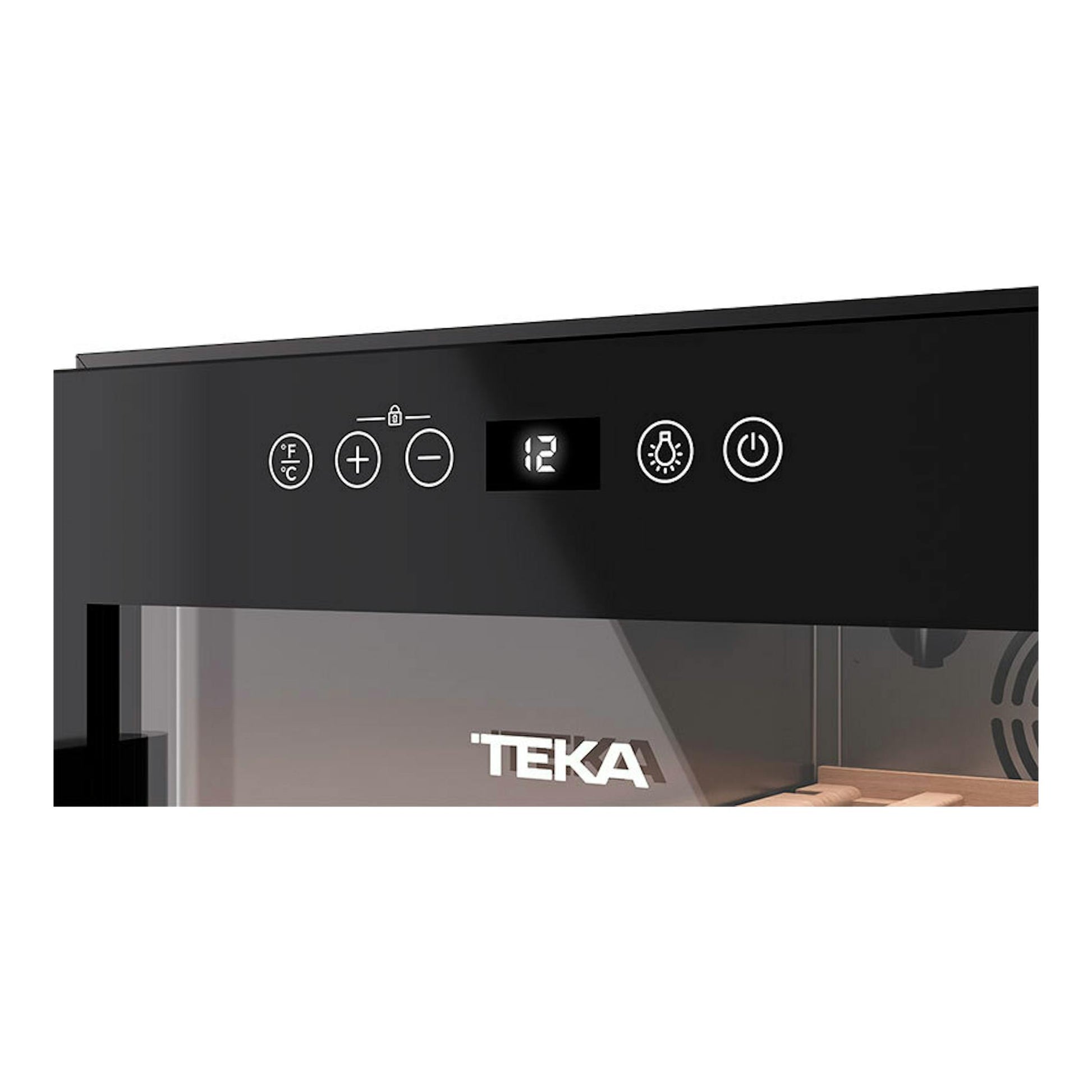 Vinoteca Teka RVF10032 negra, vista frontal parcial con panel táctil y logo TEKA.