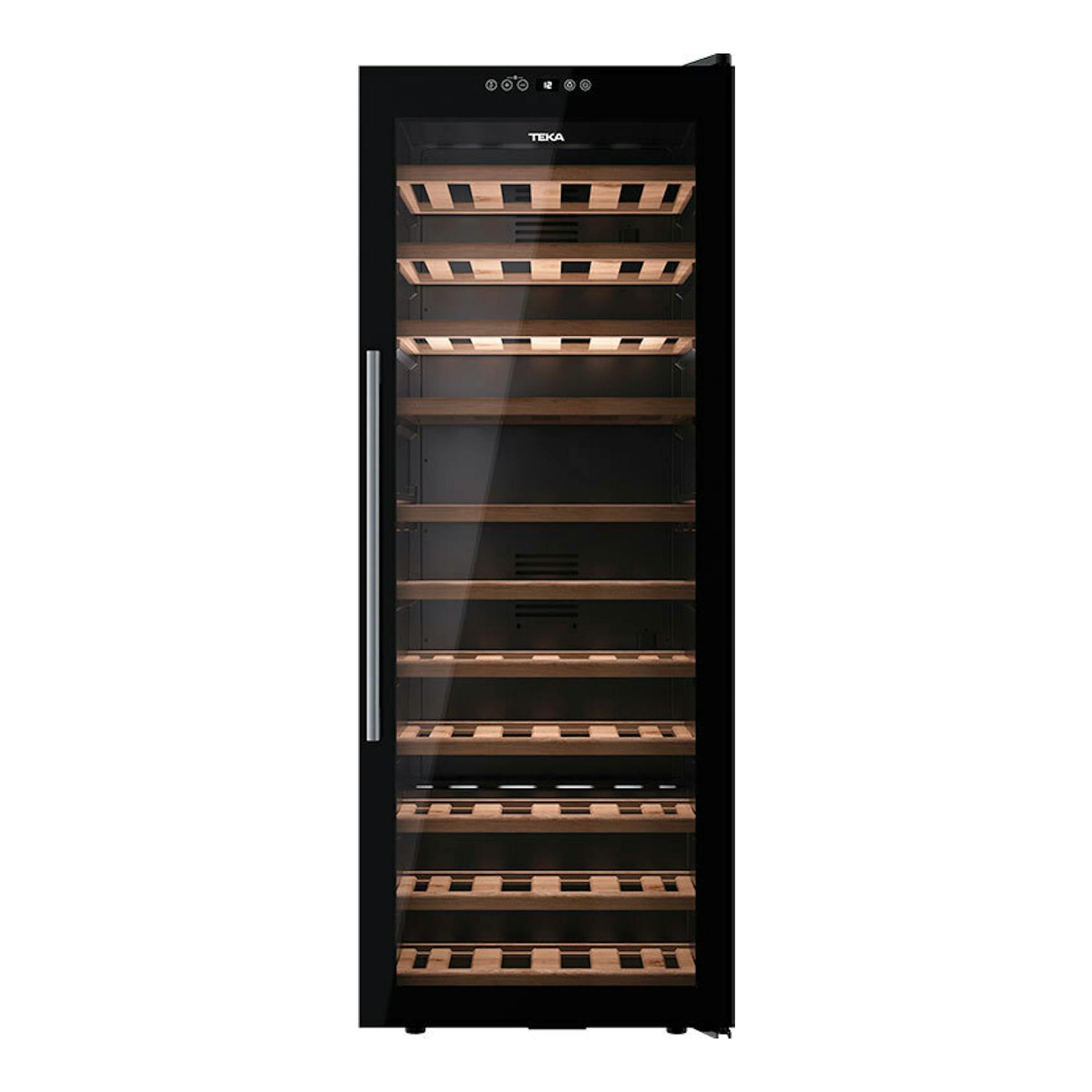 Vinoteca Teka RVF10051 negra, vista frontal, con puerta de cristal y estantes de madera.