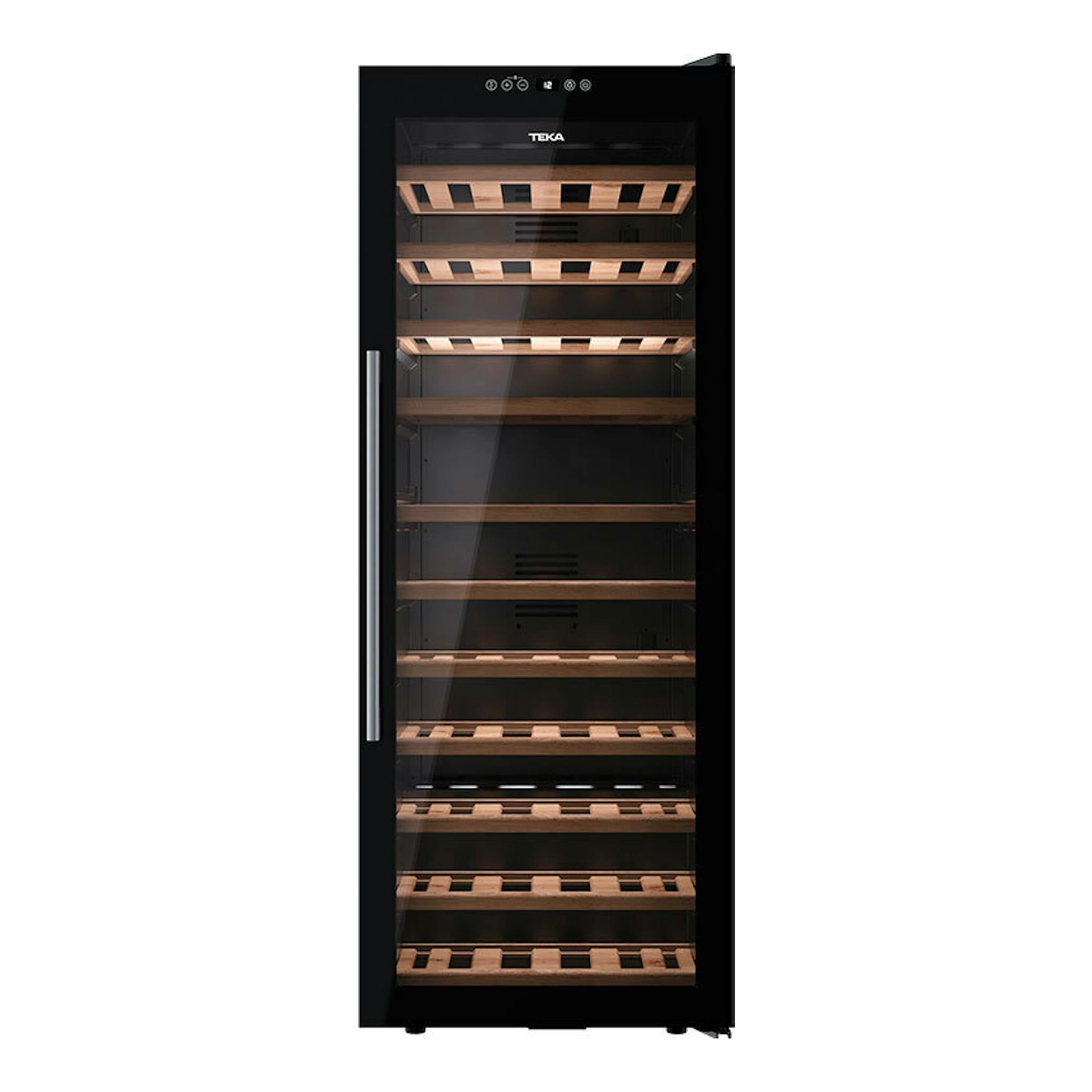 Vinoteca Teka RVF10051 negra, vista frontal, con puerta de cristal y estantes de madera.