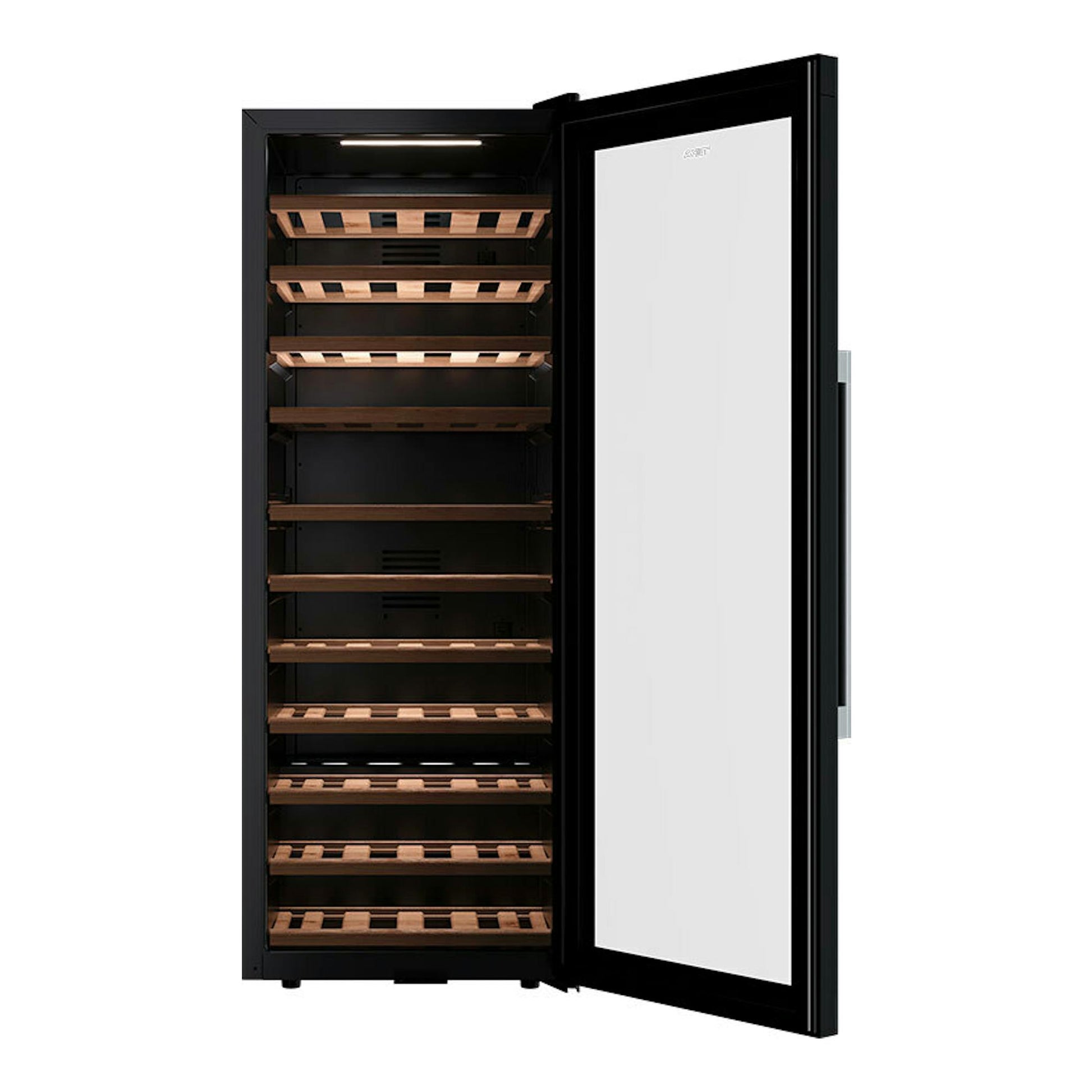 Vinoteca Teka RVF10051 negra, vista frontal con puerta abierta y estantes de madera.
