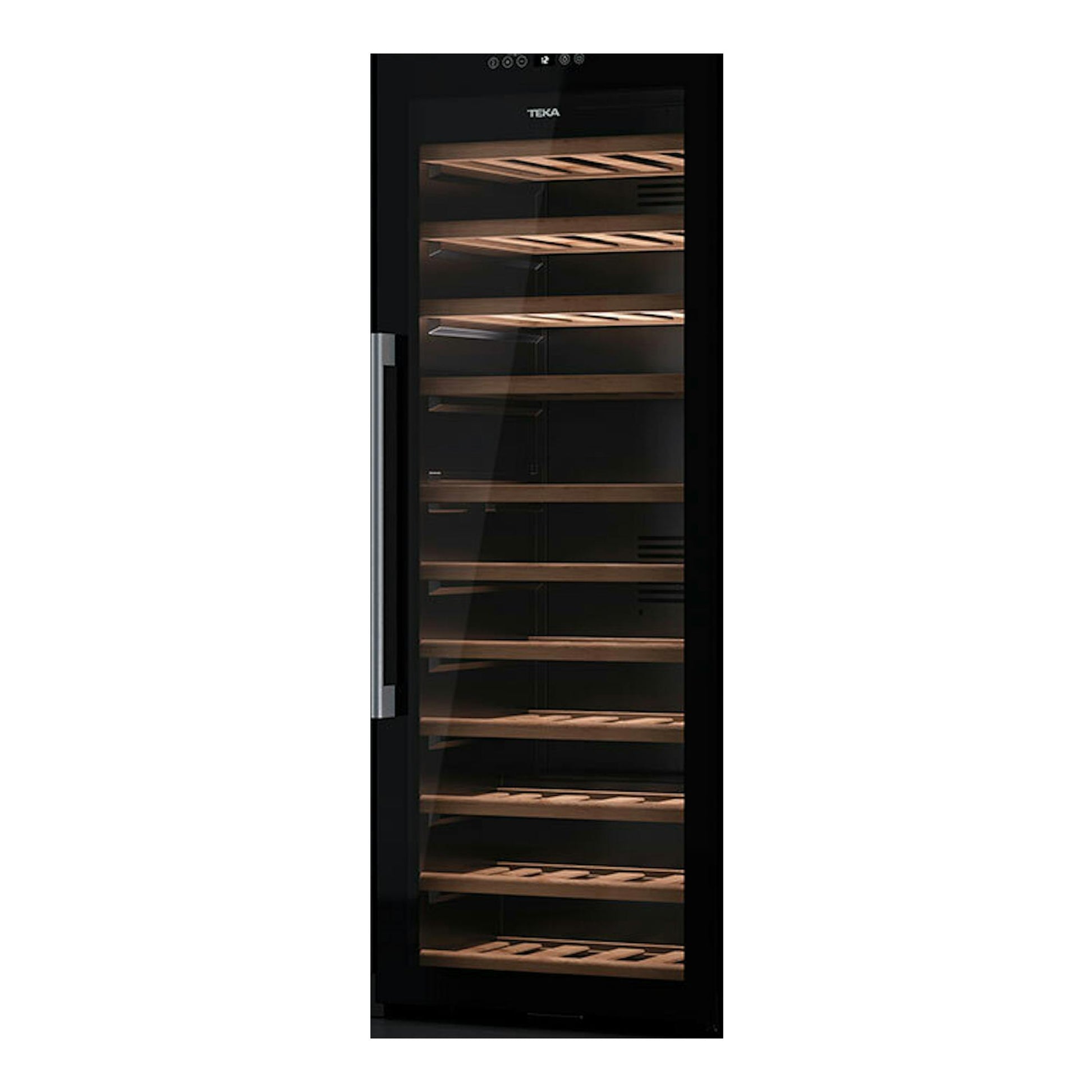 Vinoteca Teka RVF10051 negra, vista frontal empotrada con puerta de vidrio y estantes de madera.