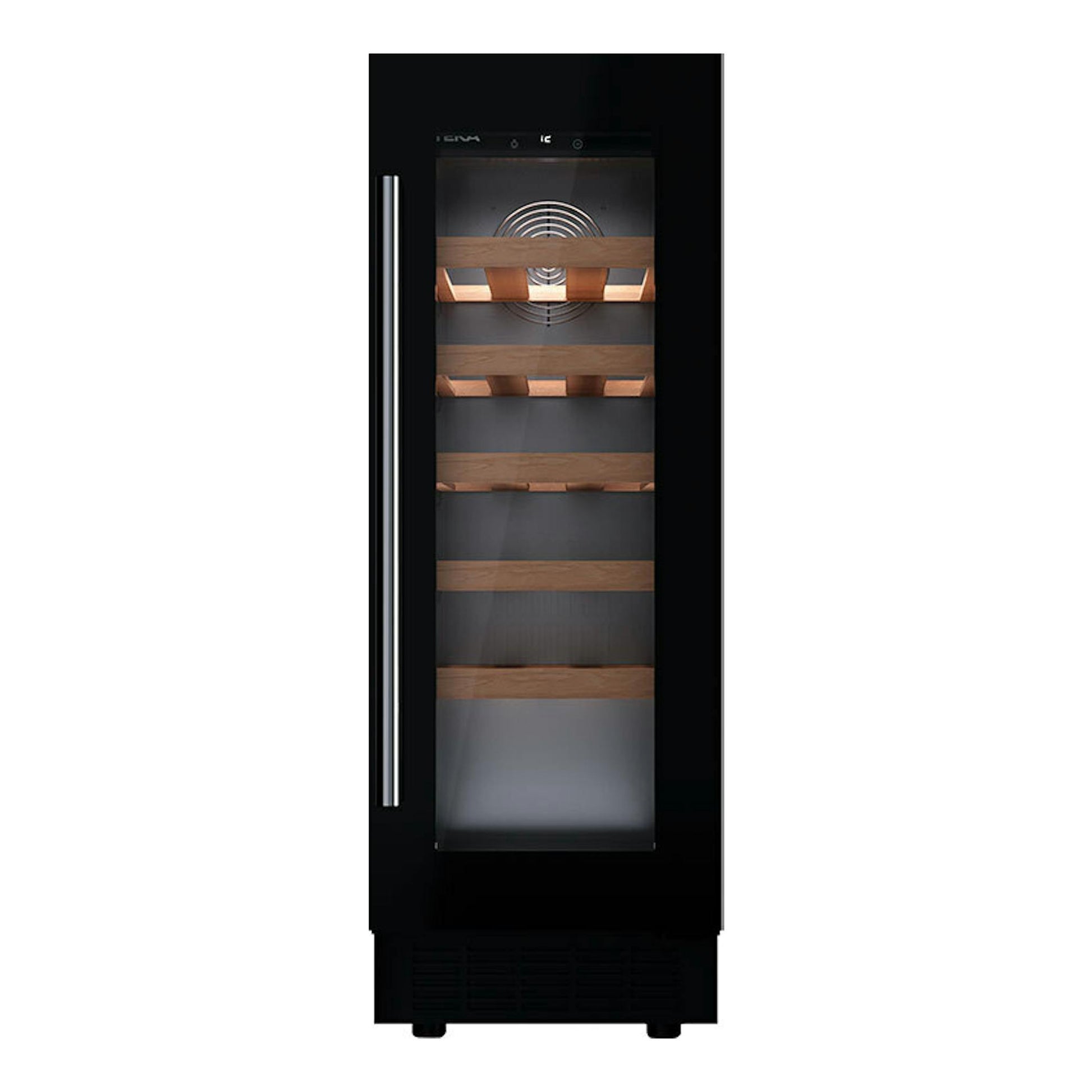 Vinoteca Teka RVU10020 negra, vista frontal, con puerta de cristal, tirador vertical y baldas de madera.