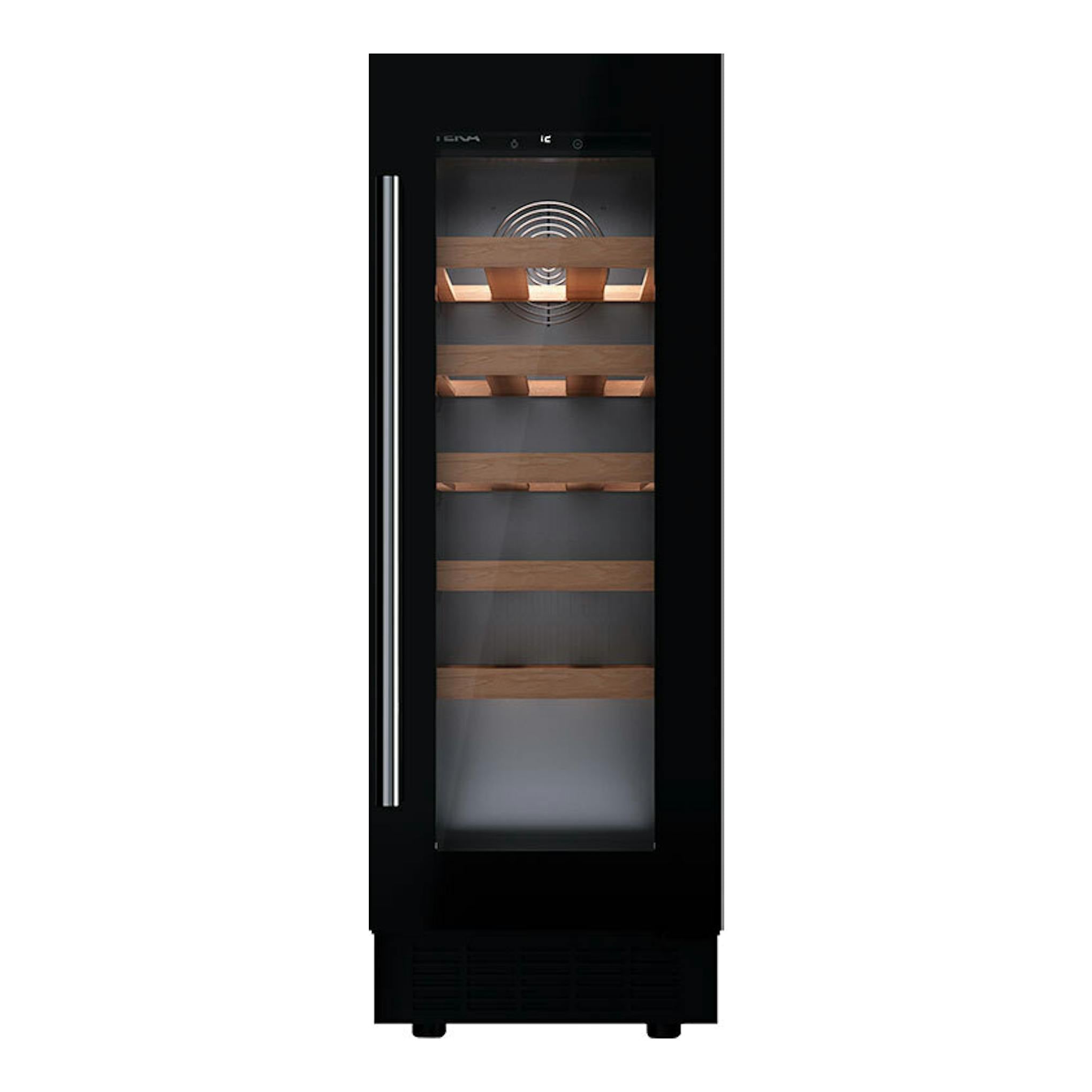 Vinoteca Teka RVU10020 negra, vista frontal, con puerta de cristal, tirador vertical y baldas de madera.
