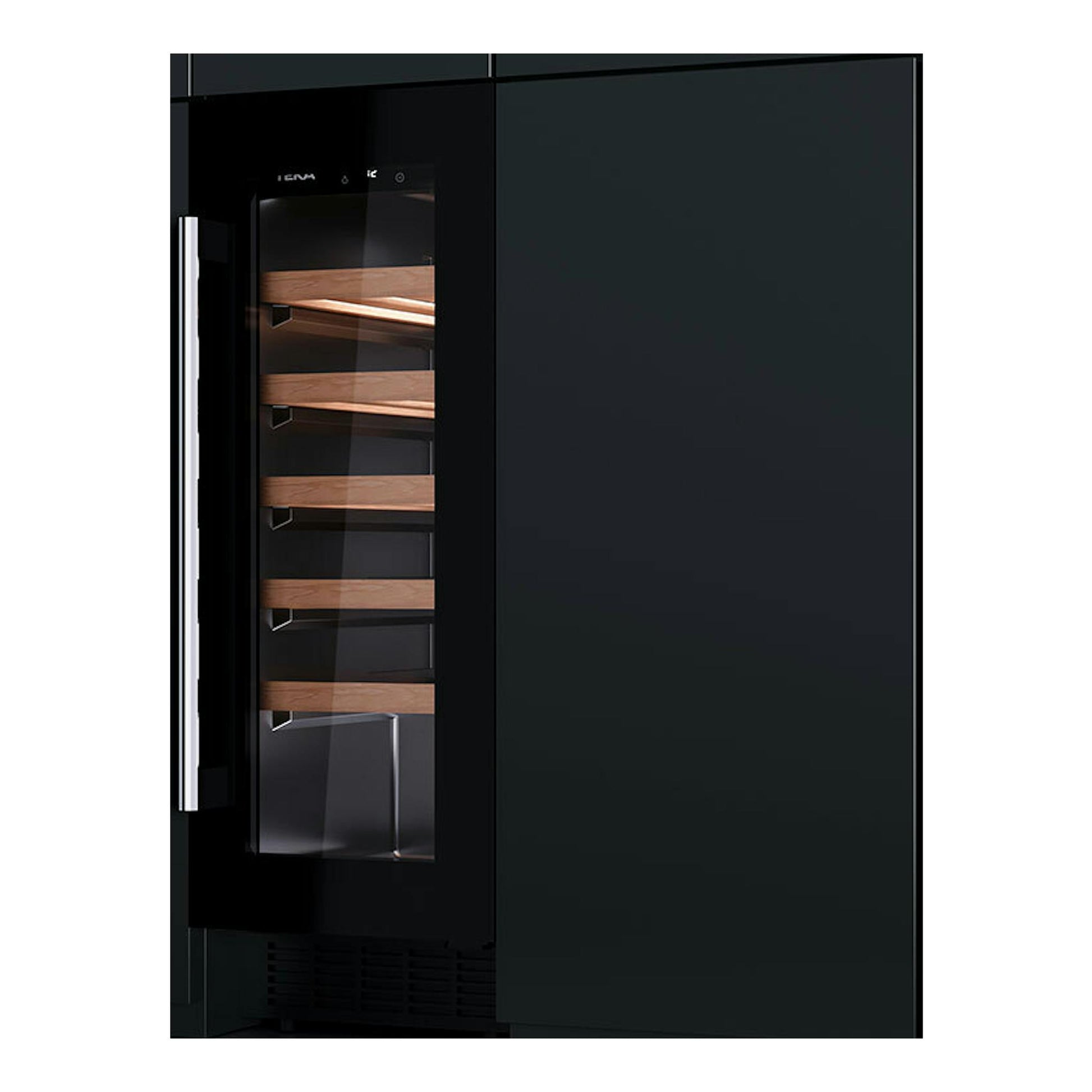 Vinoteca Teka RVU10020 negra, vista frontal empotrada, puerta de cristal ahumado y baldas de madera.