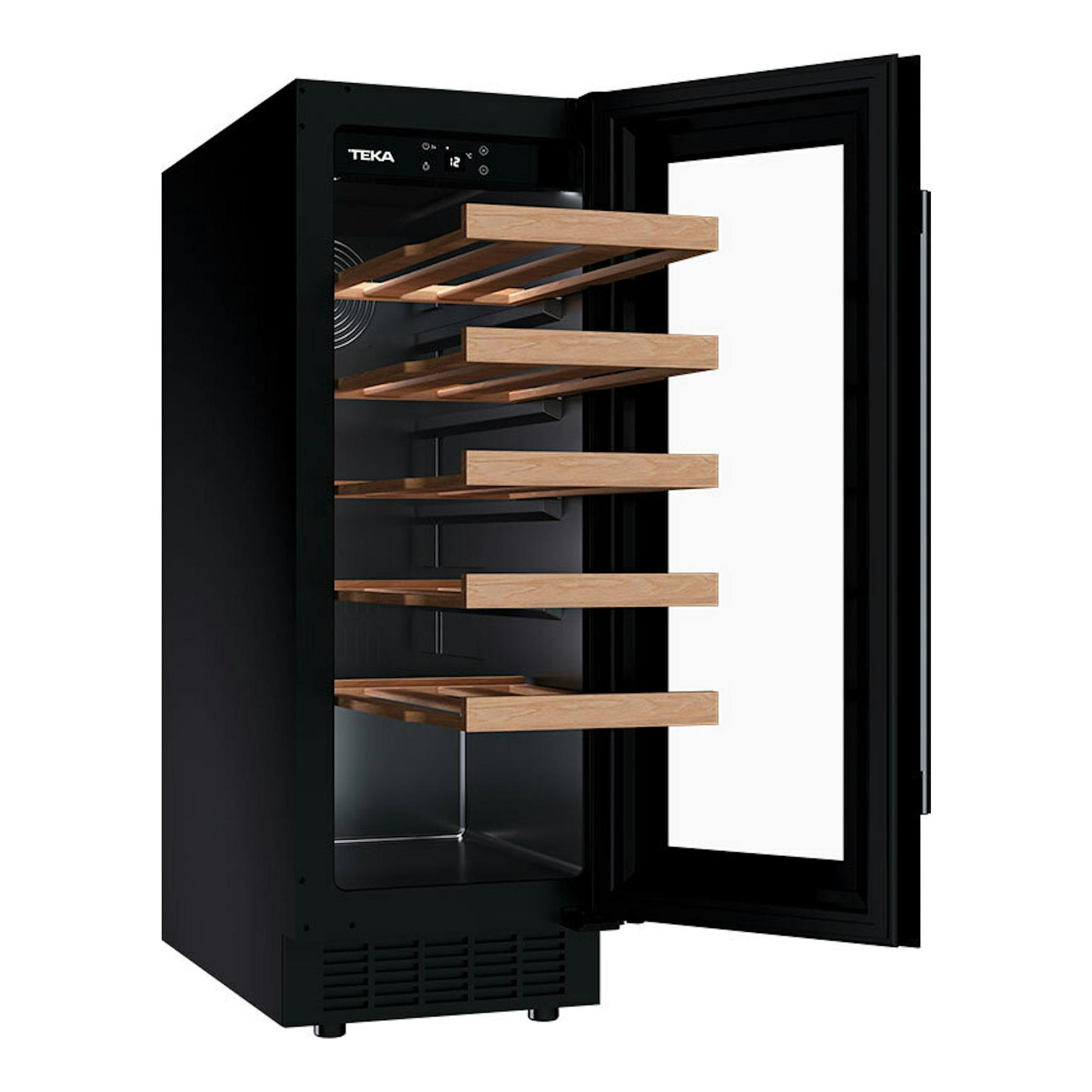 Vinoteca Teka RVU10020 negra, vista frontal en ángulo, con puerta abierta y baldas de madera.
