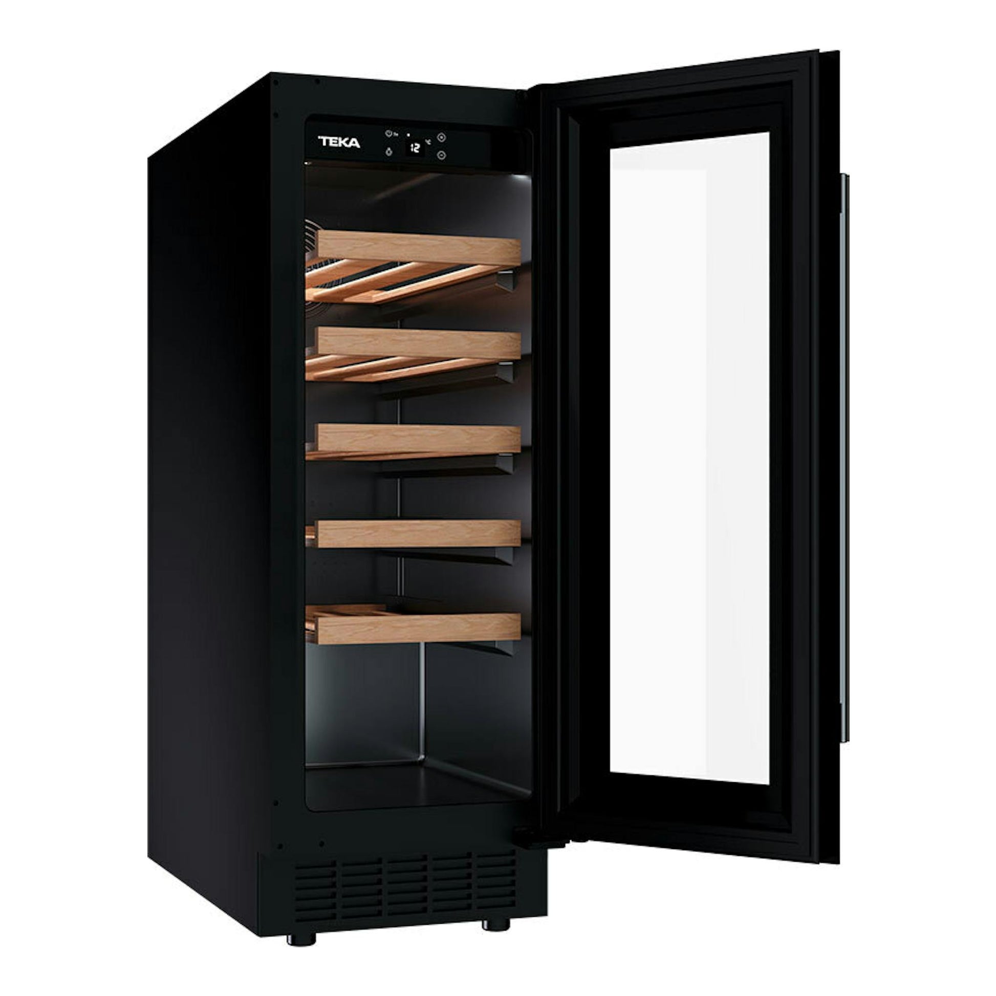 Vinoteca Teka RVU10020 negra, vista frontal en ángulo, con puerta abierta y baldas de madera.
