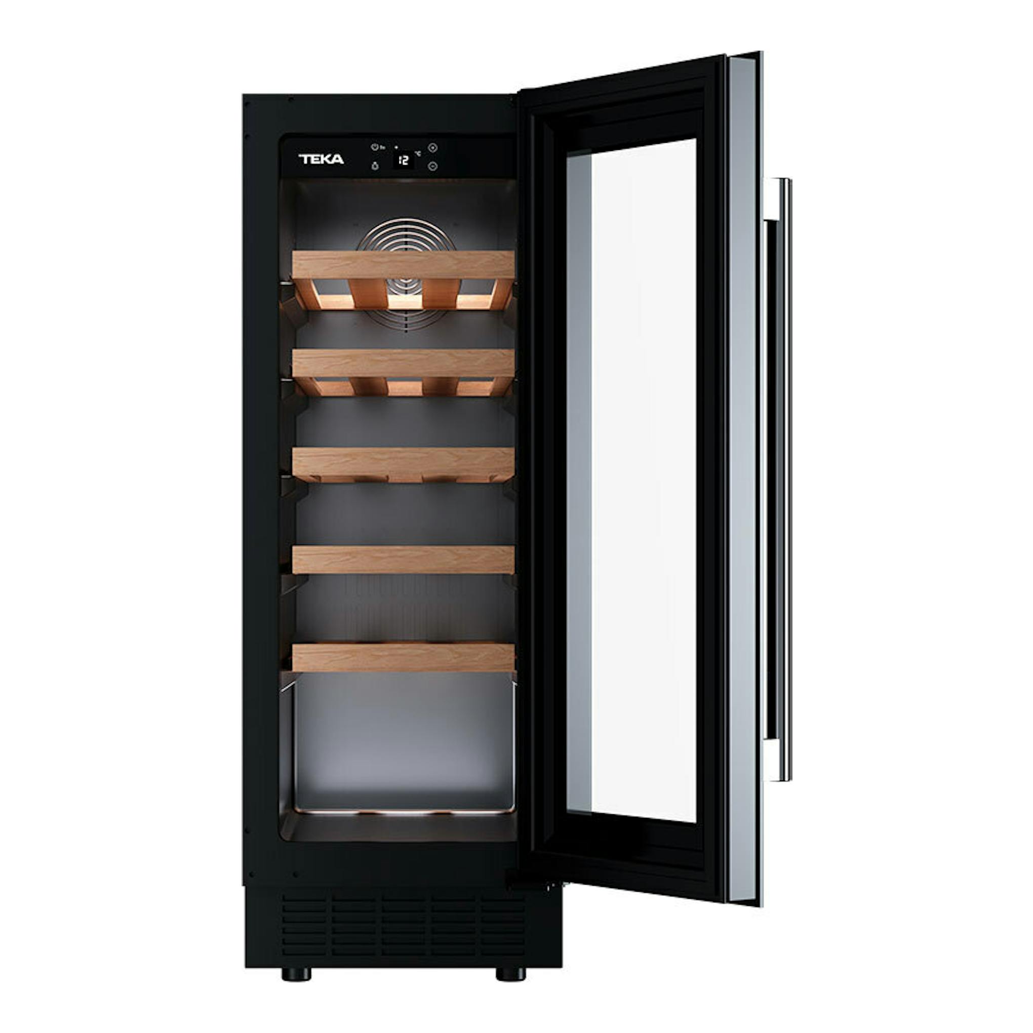 Vinoteca Teka RVU10020 negra, vista frontal con la puerta abierta y baldas de madera.