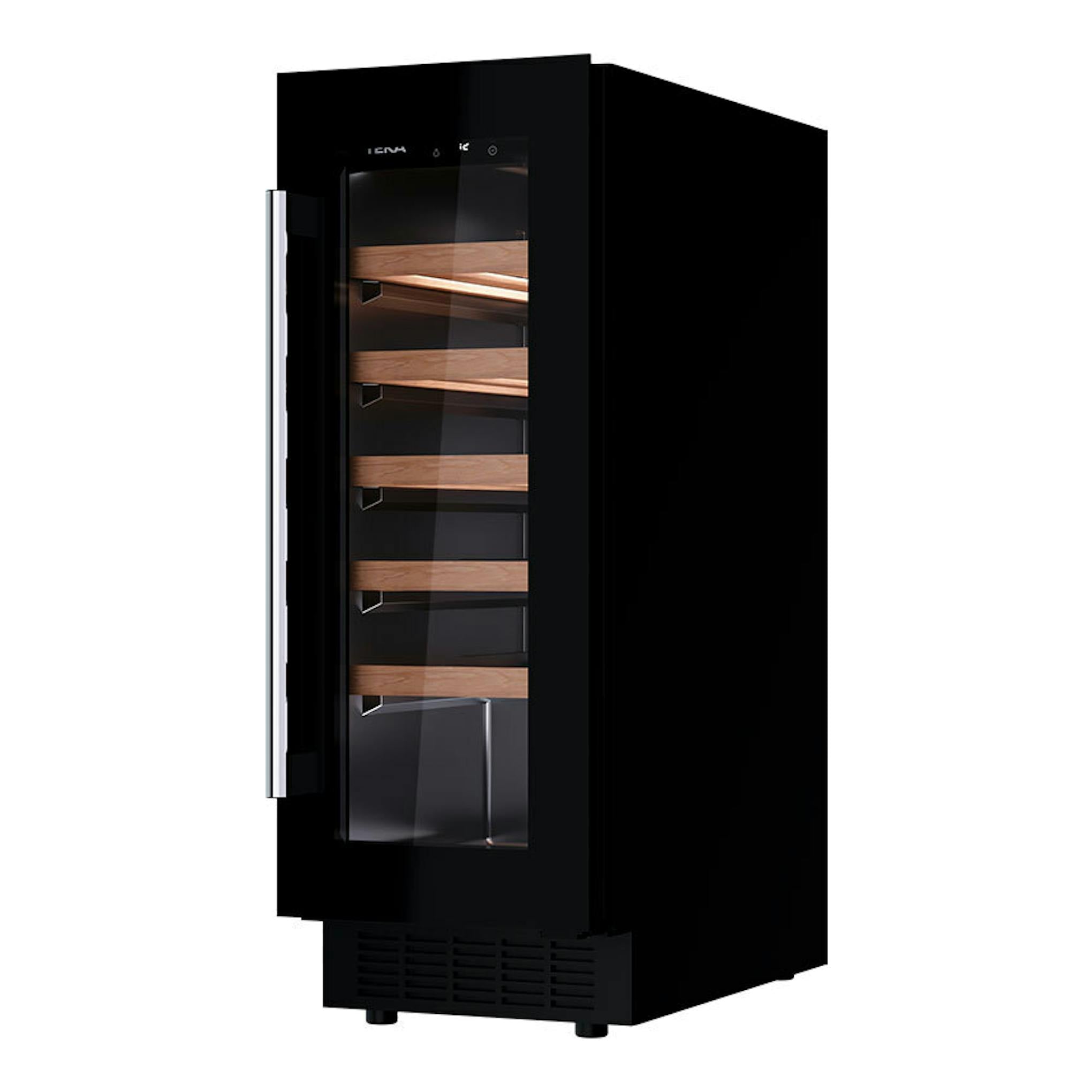 Vinoteca Teka RVU10020 negra, vista frontal en ángulo, con puerta de vidrio y baldas de madera.
