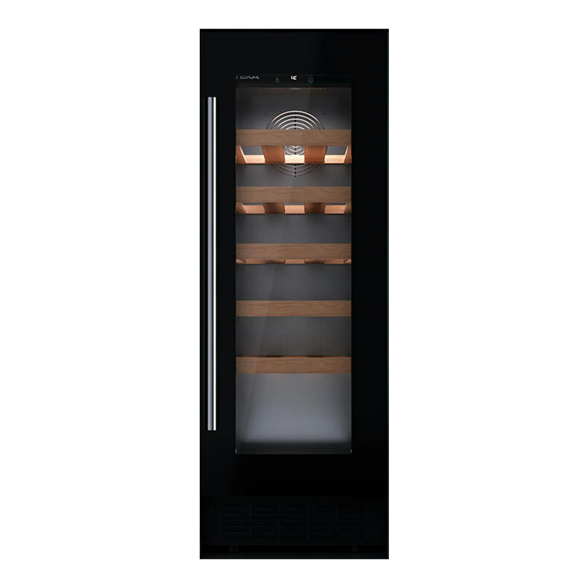 Vinoteca Teka RVU10020 negra, vista frontal, con puerta de cristal, tirador vertical y baldas de madera.