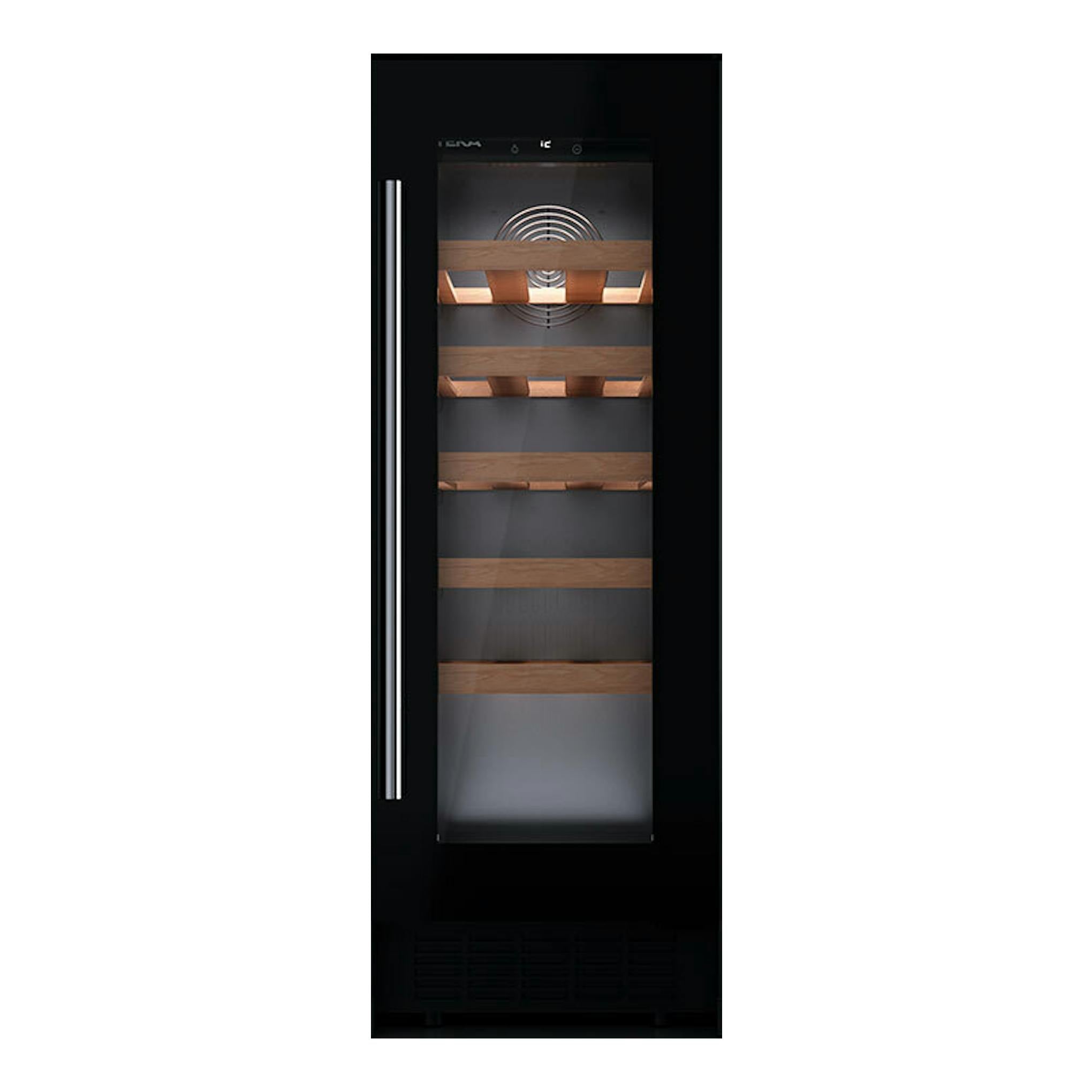 Vinoteca Teka RVU10020 negra, vista frontal, con puerta de cristal, tirador vertical y baldas de madera.