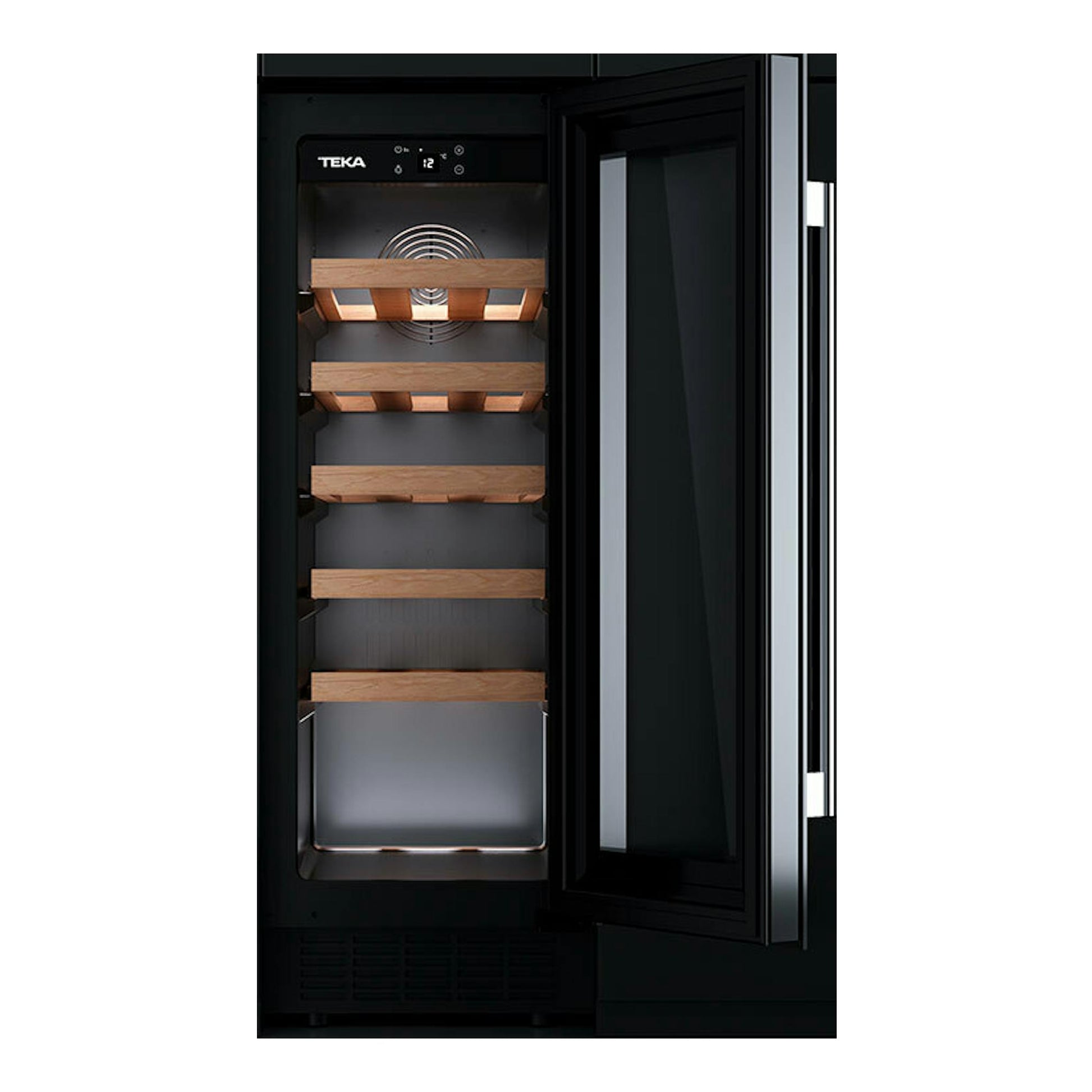 Vinoteca Teka RVU10020 negra, vista frontal con la puerta abierta y estantes de madera.