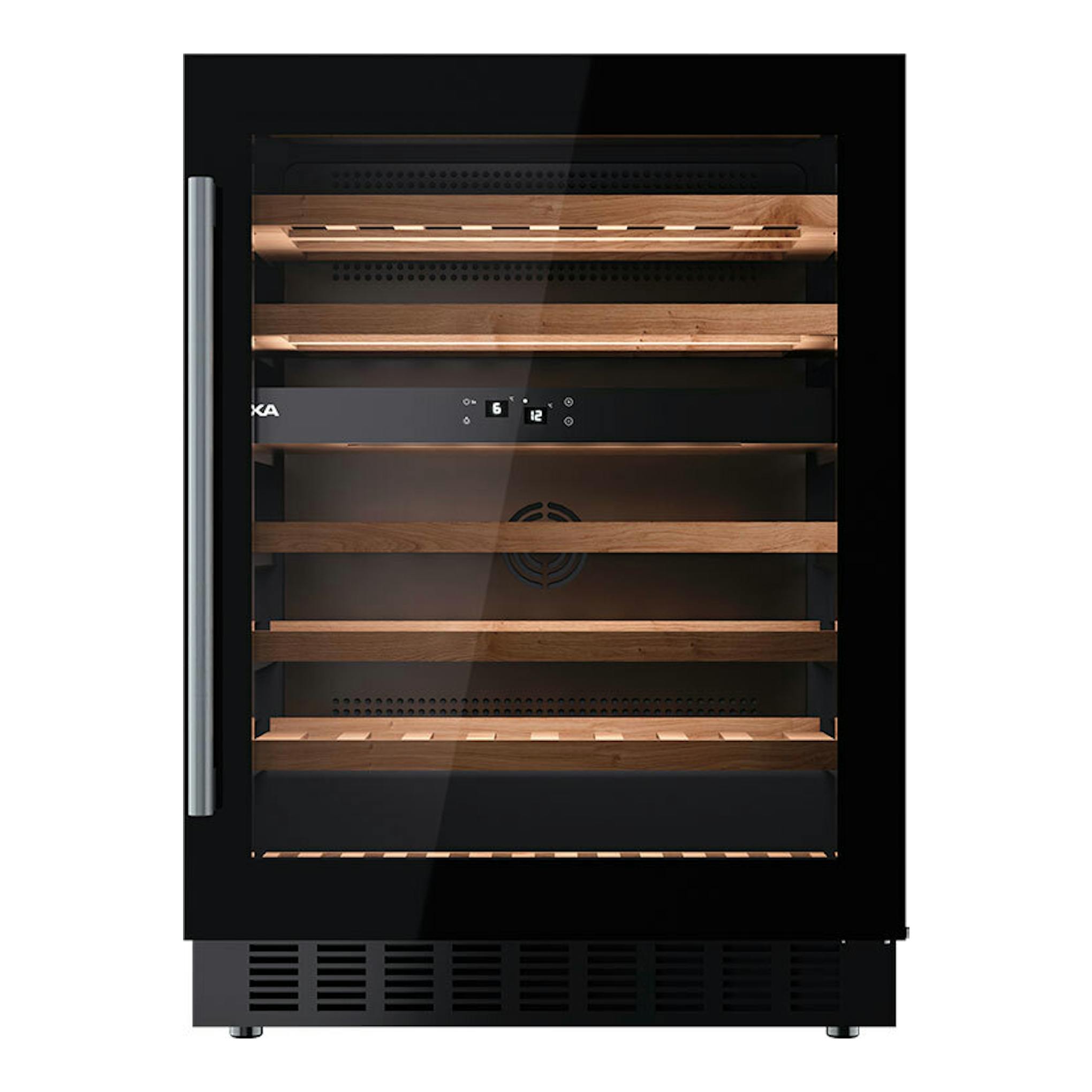 Vinoteca Teka RVU20046 negra, vista frontal, con puerta de cristal, tirador lateral y baldas de madera.