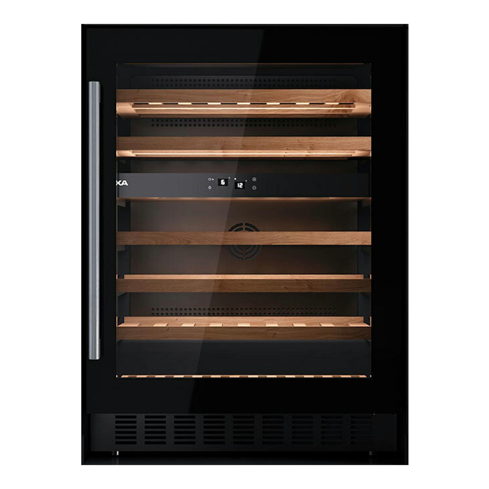 Vinoteca Teka RVU20046 negra, vista frontal, con puerta de cristal, tirador metálico y baldas de madera.