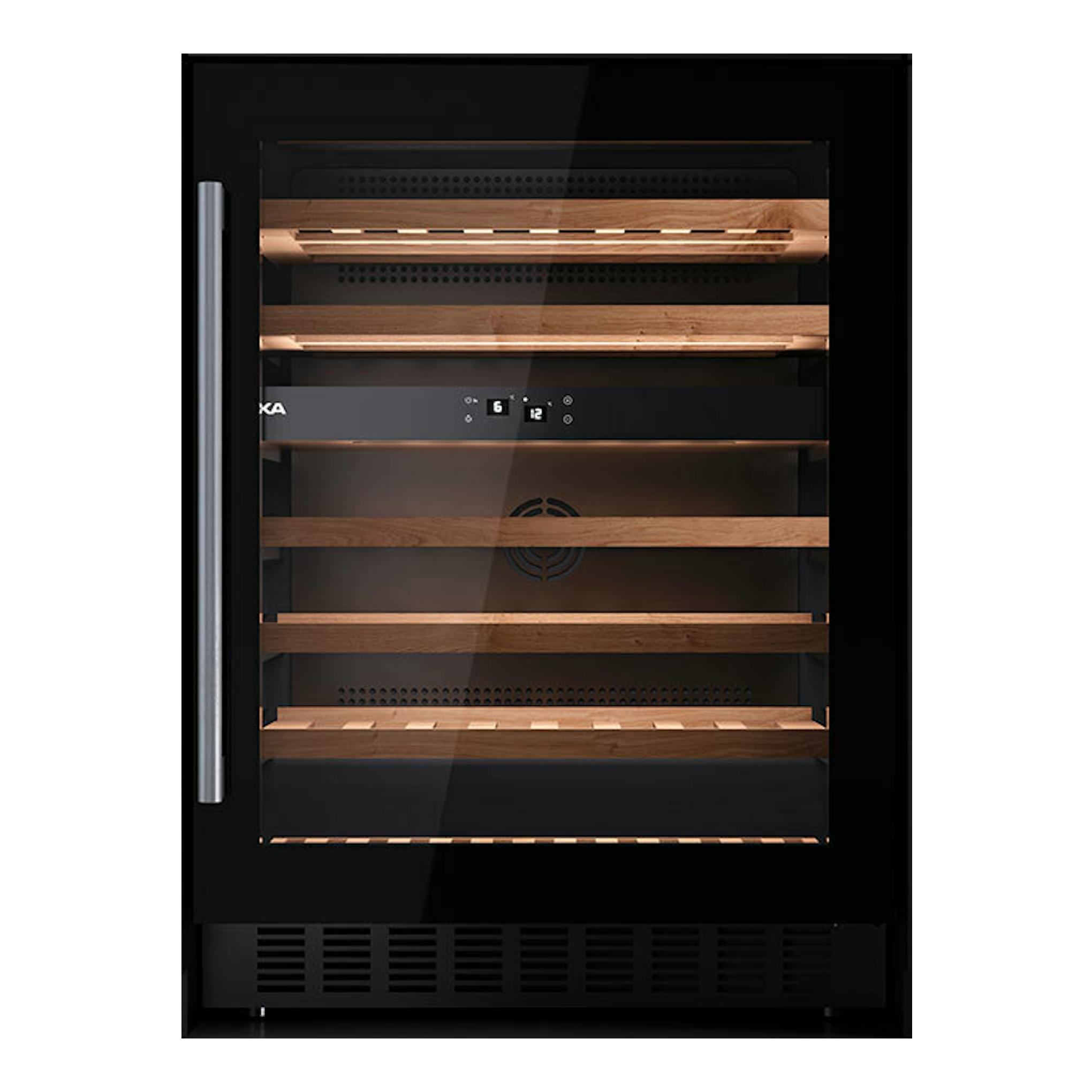 Vinoteca Teka RVU20046 negra, vista frontal, con puerta de cristal, tirador metálico y baldas de madera.