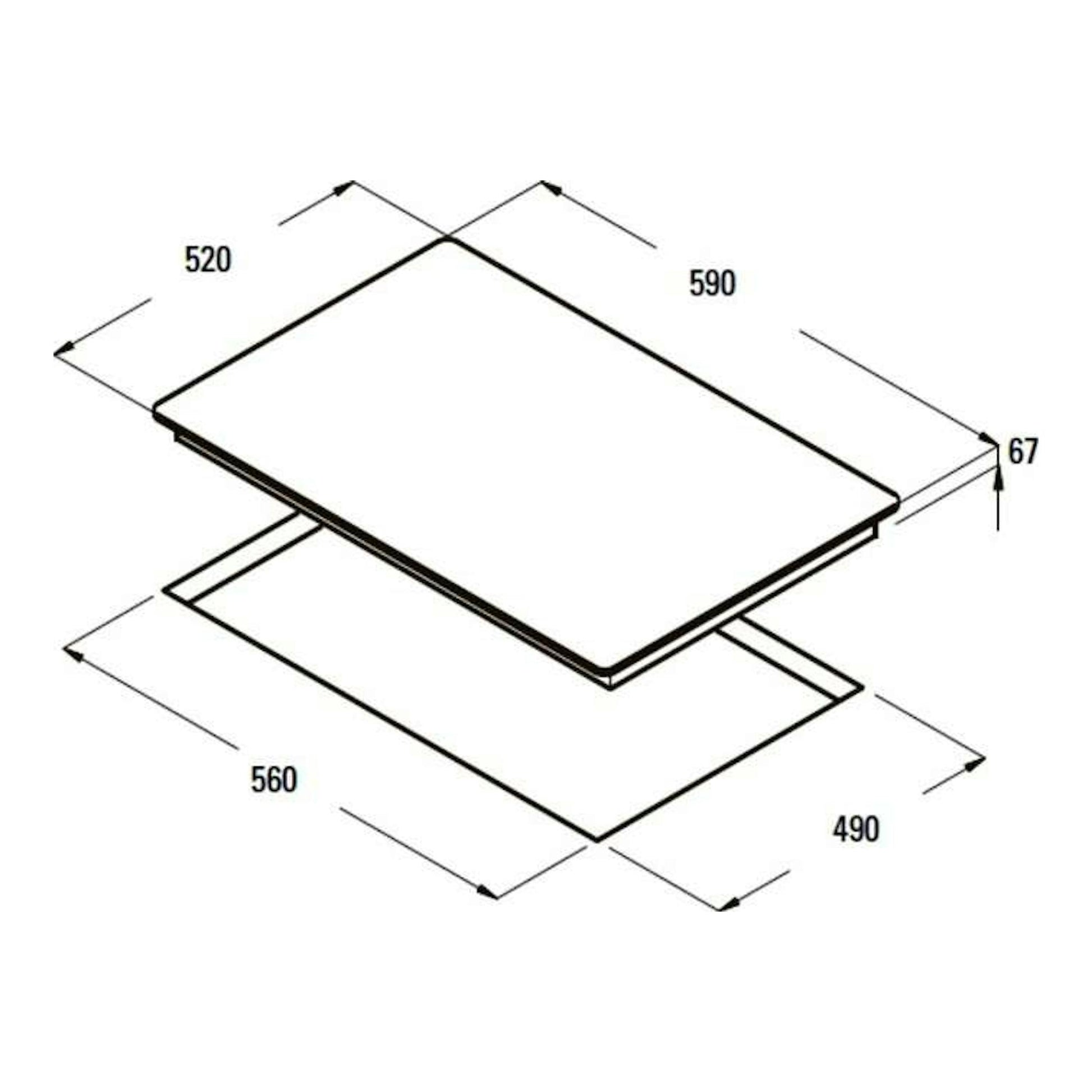 Cata 604HVI, vitrocerámica negra en vista isométrica, medidas 590x520 mm y hueco 560x490 mm.