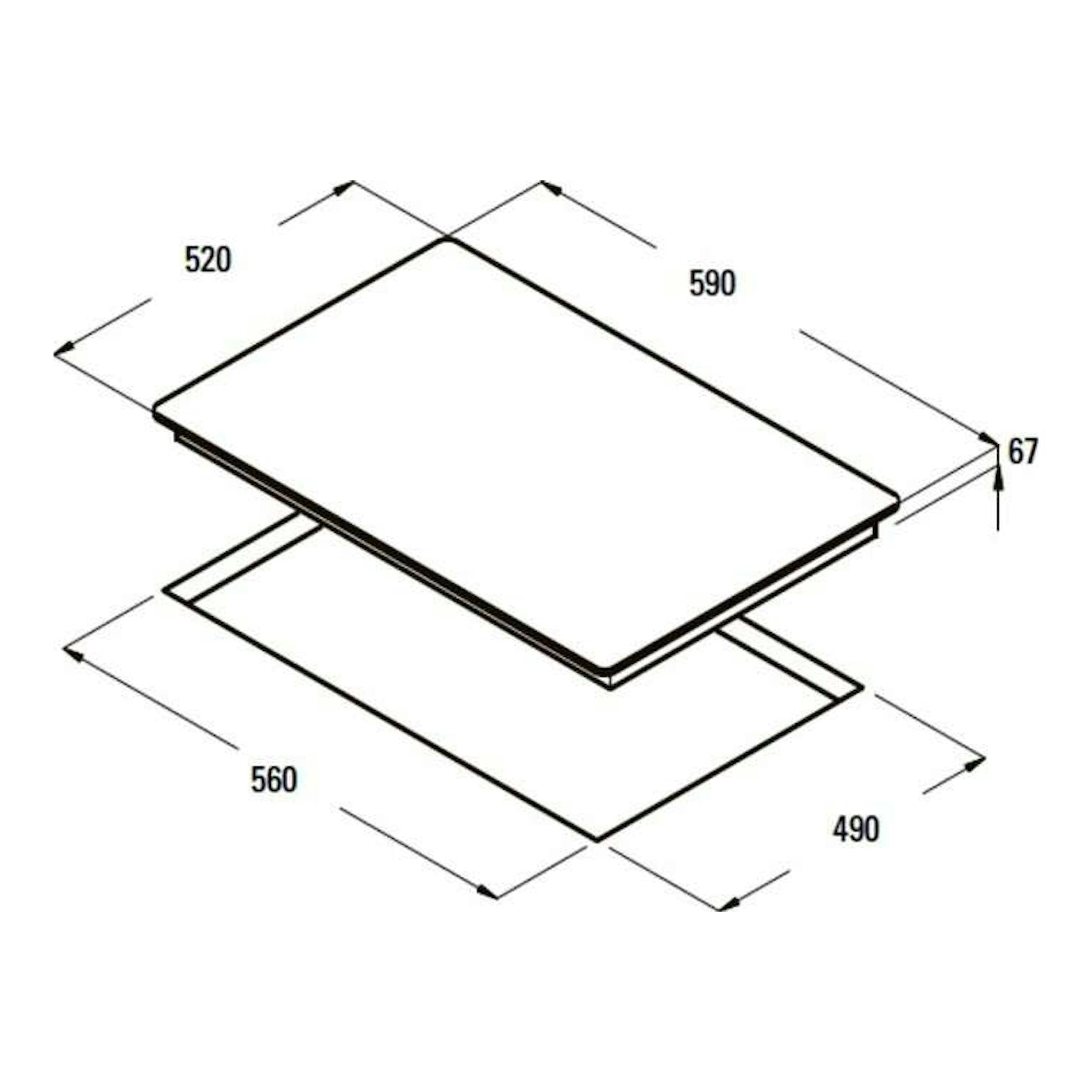 Cata 604HVI, vitrocerámica negra en vista isométrica, medidas 590x520 mm y hueco 560x490 mm.