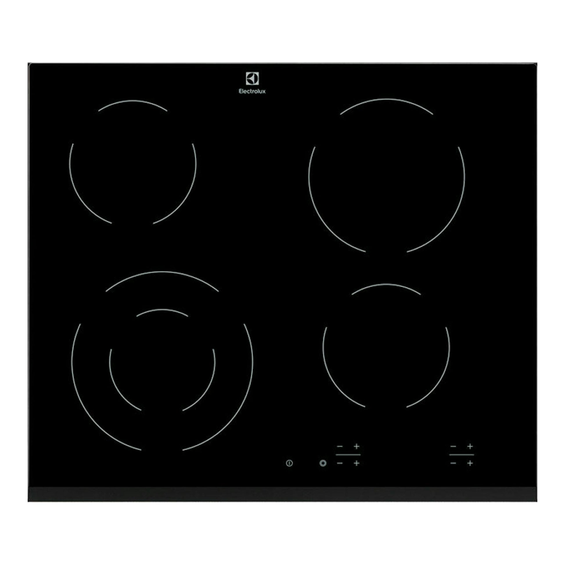 Vitrocerámica Electrolux EHF6241FOK negra, vista frontal, con cuatro zonas de cocción circulares.