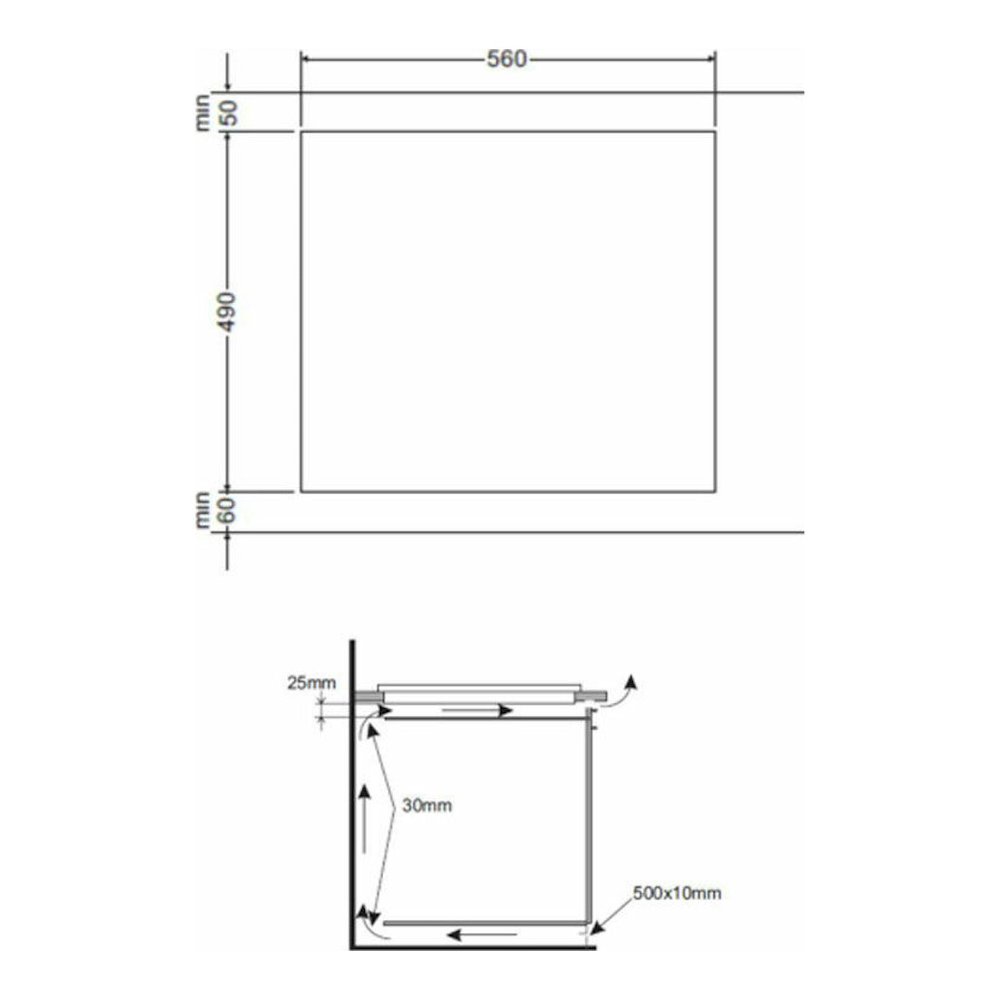 Fagor 3VFT330AC: esquema técnico de vitrocerámica, vista superior y lateral con medidas 560 x 490 mm.