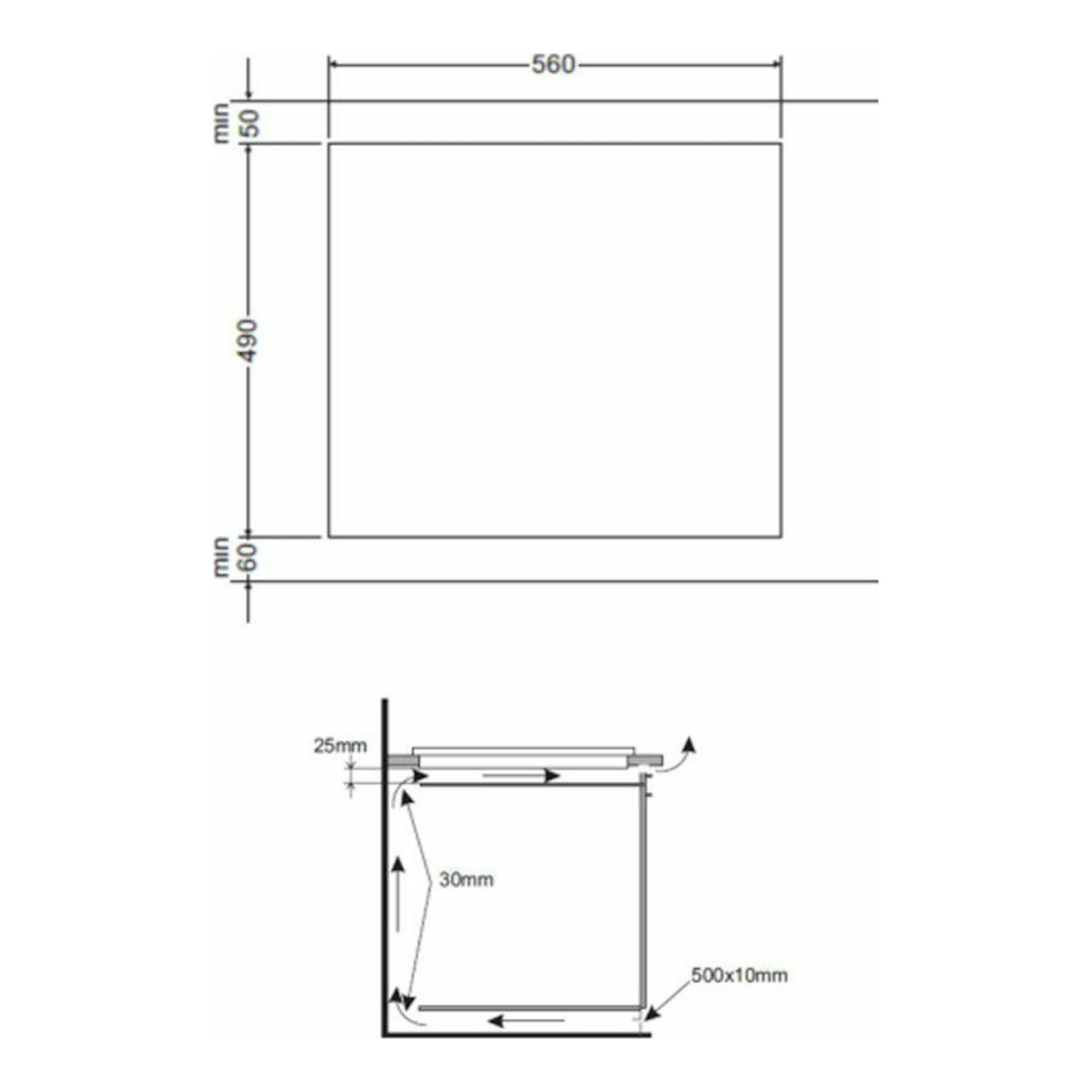Fagor 3VFT330AC: esquema técnico de vitrocerámica, vista superior y lateral con medidas 560 x 490 mm.